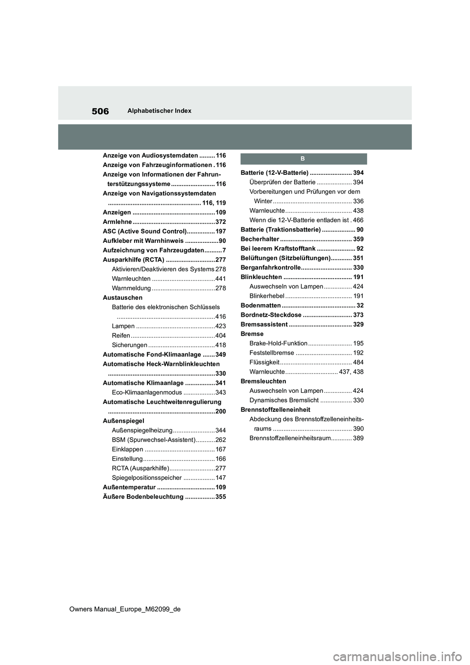 TOYOTA MIRAI 2021 Betriebsanleitungen (in German) 506
Owners Manual_Europe_M62099_de
Alphabetischer Index
Anzeige von Audiosystemdaten ......... 116
Anzeige von Fahrzeuginformationen . 116
Anzeige von Informationen der Fahrun-
terstützungssysteme TOYOTA MIRAI 2021 Betriebsanleitungen (in German) 506
Owners Manual_Europe_M62099_de
Alphabetischer Index
Anzeige von Audiosystemdaten ......... 116
Anzeige von Fahrzeuginformationen . 116
Anzeige von Informationen der Fahrun-
terstützungssysteme