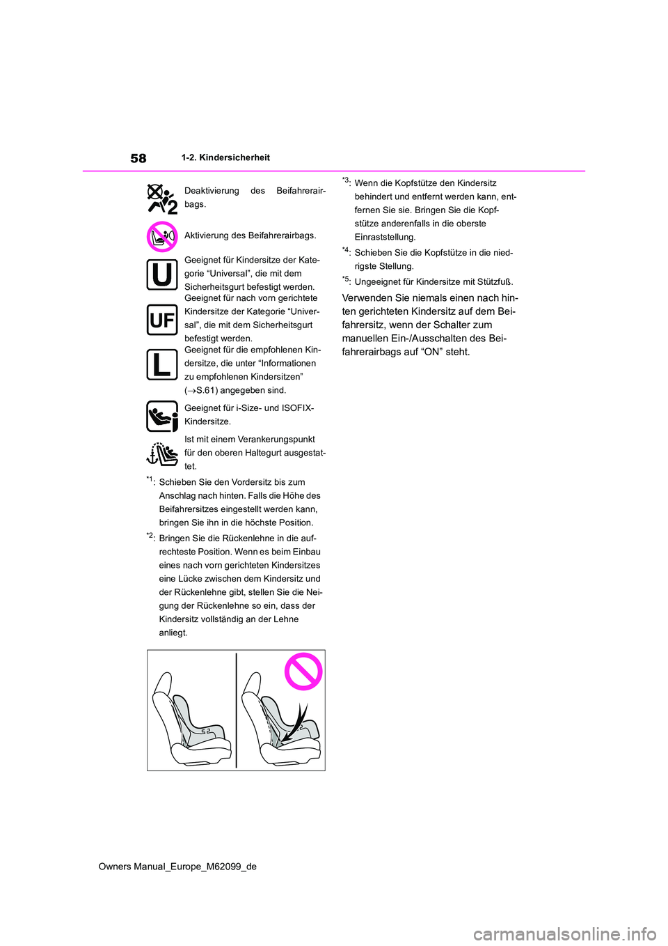 TOYOTA MIRAI 2021  Betriebsanleitungen (in German) 58
Owners Manual_Europe_M62099_de
1-2. Kindersicherheit
*1: Schieben Sie den Vordersitz bis zum  
Anschlag nach hinten. Falls die Höhe des 
Beifahrersitzes eingestellt werden kann, 
bringen Sie ihn i