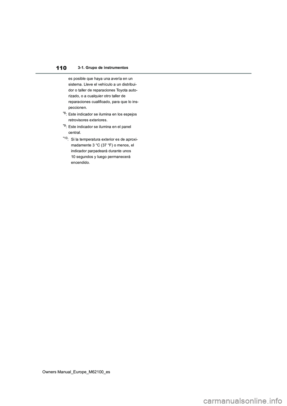 TOYOTA MIRAI 2021  Manual del propietario (in Spanish) 110
Owners Manual_Europe_M62100_es
3-1. Grupo de instrumentos 
es posible que haya una avería en un  
sistema. Lleve el vehículo a un distribui-
dor o taller de reparaciones Toyota auto-
rizado, o a