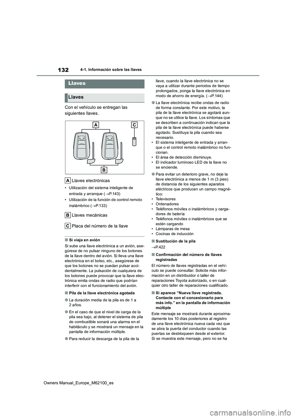 TOYOTA MIRAI 2021 Manual del propietario (in Spanish) 132
Owners Manual_Europe_M62100_es
4-1. Información sobre las llaves
4-1.In formación sobre la s llave s
Con el vehículo se entregan las
siguientes llaves.
Llaves electrónicas
• Utilización TOYOTA MIRAI 2021 Manual del propietario (in Spanish) 132
Owners Manual_Europe_M62100_es
4-1. Información sobre las llaves
4-1.In formación sobre la s llave s
Con el vehículo se entregan las
siguientes llaves.
Llaves electrónicas
• Utilización