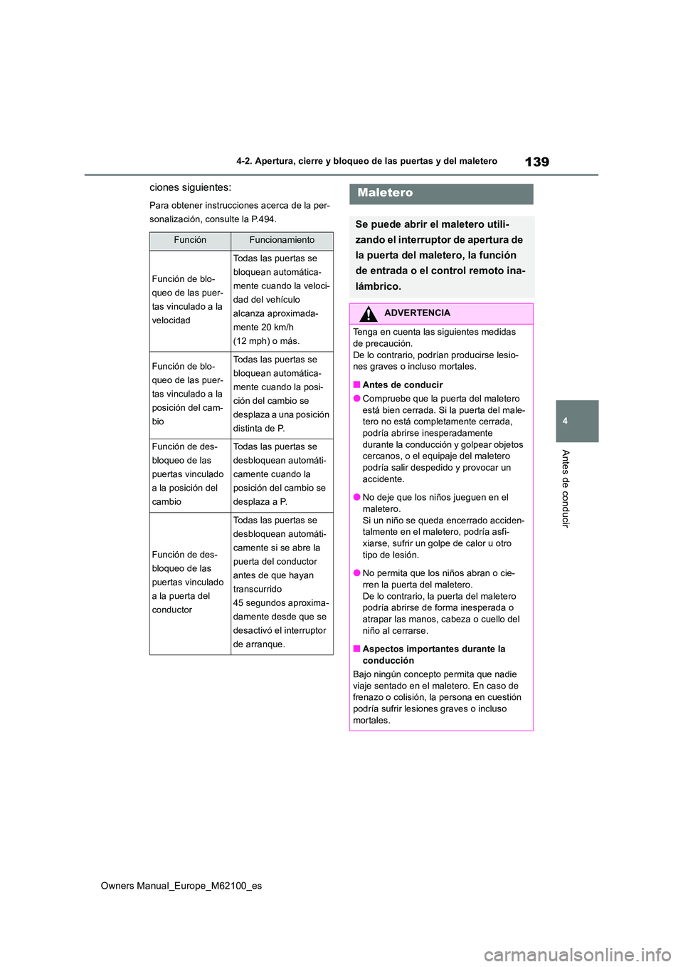 TOYOTA MIRAI 2021 Manual del propietario (in Spanish) 139
4
Owners Manual_Europe_M62100_es
4-2. Apertura, cierre y bloqueo de las puertas y del maletero
Antes de conducir
ciones siguientes:
Para obtener instrucciones acerca de la per-
sonalización, con TOYOTA MIRAI 2021 Manual del propietario (in Spanish) 139
4
Owners Manual_Europe_M62100_es
4-2. Apertura, cierre y bloqueo de las puertas y del maletero
Antes de conducir
ciones siguientes:
Para obtener instrucciones acerca de la per-
sonalización, con
