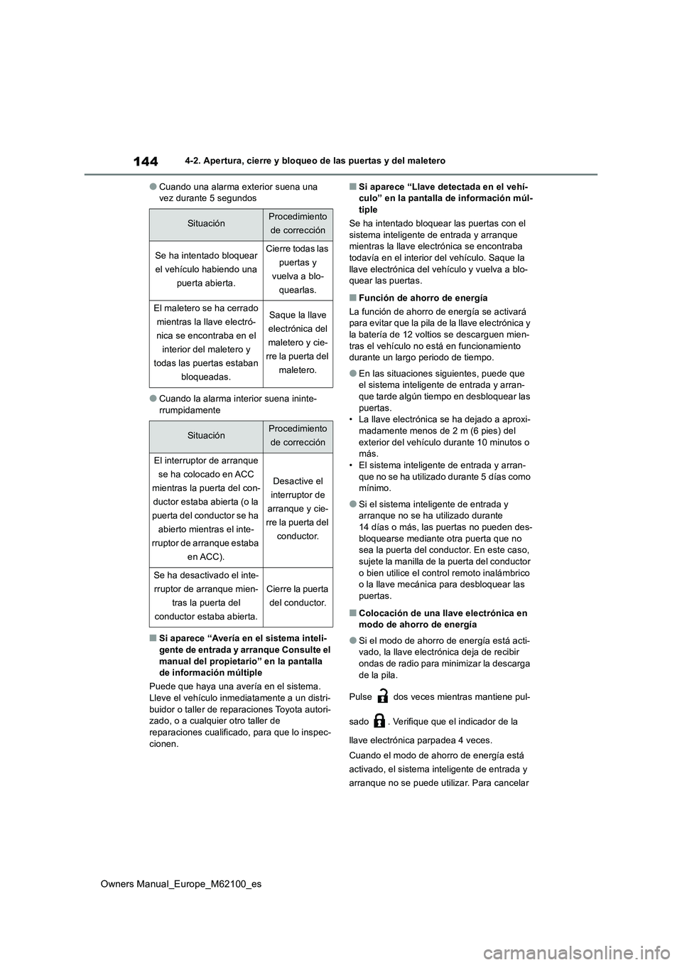 TOYOTA MIRAI 2021 Manual del propietario (in Spanish) 144
Owners Manual_Europe_M62100_es
4-2. Apertura, cierre y bloqueo de las puertas y del maletero
●Cuando una alarma exterior suena una vez durante 5 segundos
●Cuando la alarma interior suena inin TOYOTA MIRAI 2021 Manual del propietario (in Spanish) 144
Owners Manual_Europe_M62100_es
4-2. Apertura, cierre y bloqueo de las puertas y del maletero
●Cuando una alarma exterior suena una vez durante 5 segundos
●Cuando la alarma interior suena inin