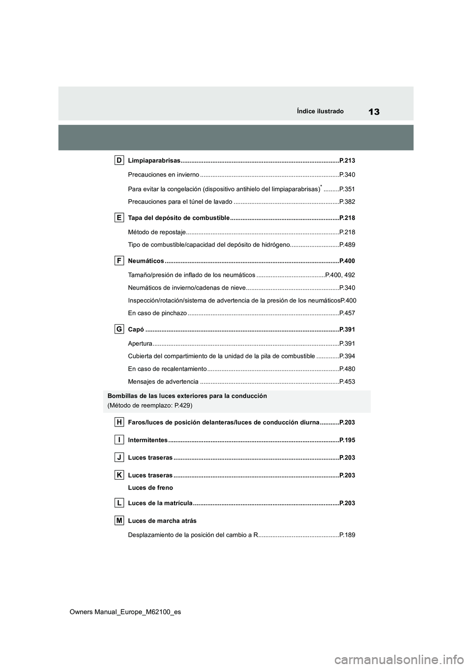 TOYOTA MIRAI 2021  Manual del propietario (in Spanish) 13
Owners Manual_Europe_M62100_es
Índice ilustrado
Limpiaparabrisas..........................................................................................P.213 
Precauciones en invierno ..........