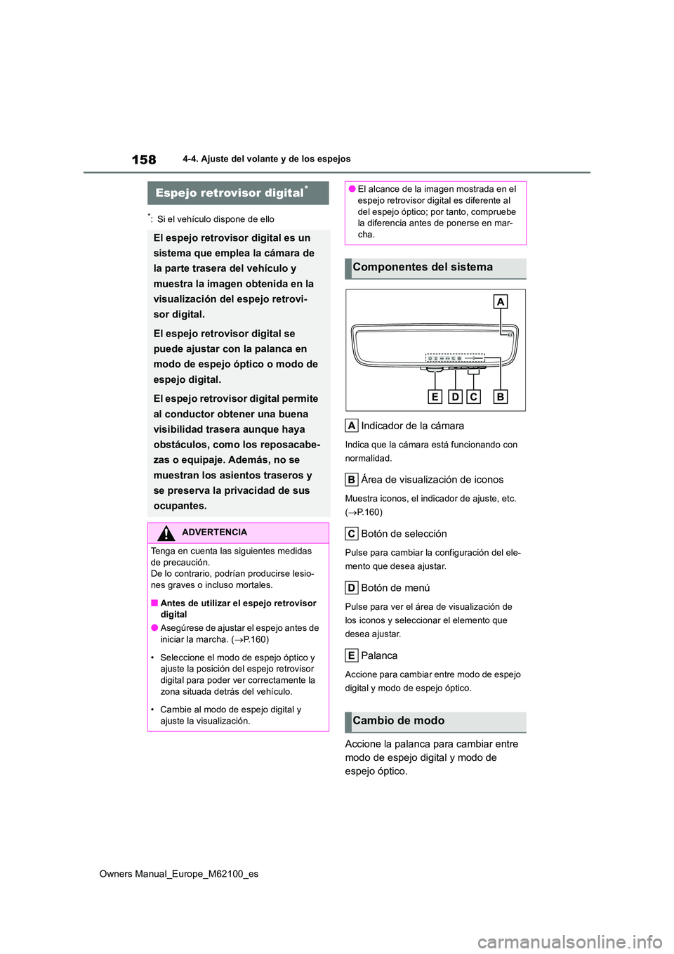 TOYOTA MIRAI 2021 Manual del propietario (in Spanish) 158
Owners Manual_Europe_M62100_es
4-4. Ajuste del volante y de los espejos
*: Si el vehículo dispone de ello
Indicador de la cámara
Indica que la cámara está funcionando con
normalidad.
Área d TOYOTA MIRAI 2021 Manual del propietario (in Spanish) 158
Owners Manual_Europe_M62100_es
4-4. Ajuste del volante y de los espejos
*: Si el vehículo dispone de ello
Indicador de la cámara
Indica que la cámara está funcionando con
normalidad.
Área d