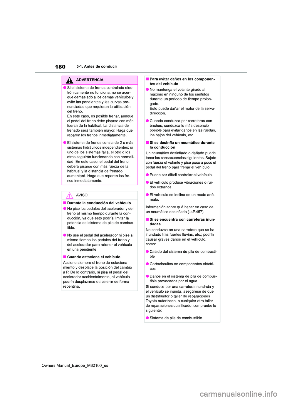 TOYOTA MIRAI 2021 Manual del propietario (in Spanish) 180
Owners Manual_Europe_M62100_es
5-1. Antes de conducir
ADVERTENCIA
●Si el sistema de frenos controlado elec-
trónicamente no funciona, no se acer- que demasiado a los demás vehículos y evite TOYOTA MIRAI 2021 Manual del propietario (in Spanish) 180
Owners Manual_Europe_M62100_es
5-1. Antes de conducir
ADVERTENCIA
●Si el sistema de frenos controlado elec-
trónicamente no funciona, no se acer- que demasiado a los demás vehículos y evite