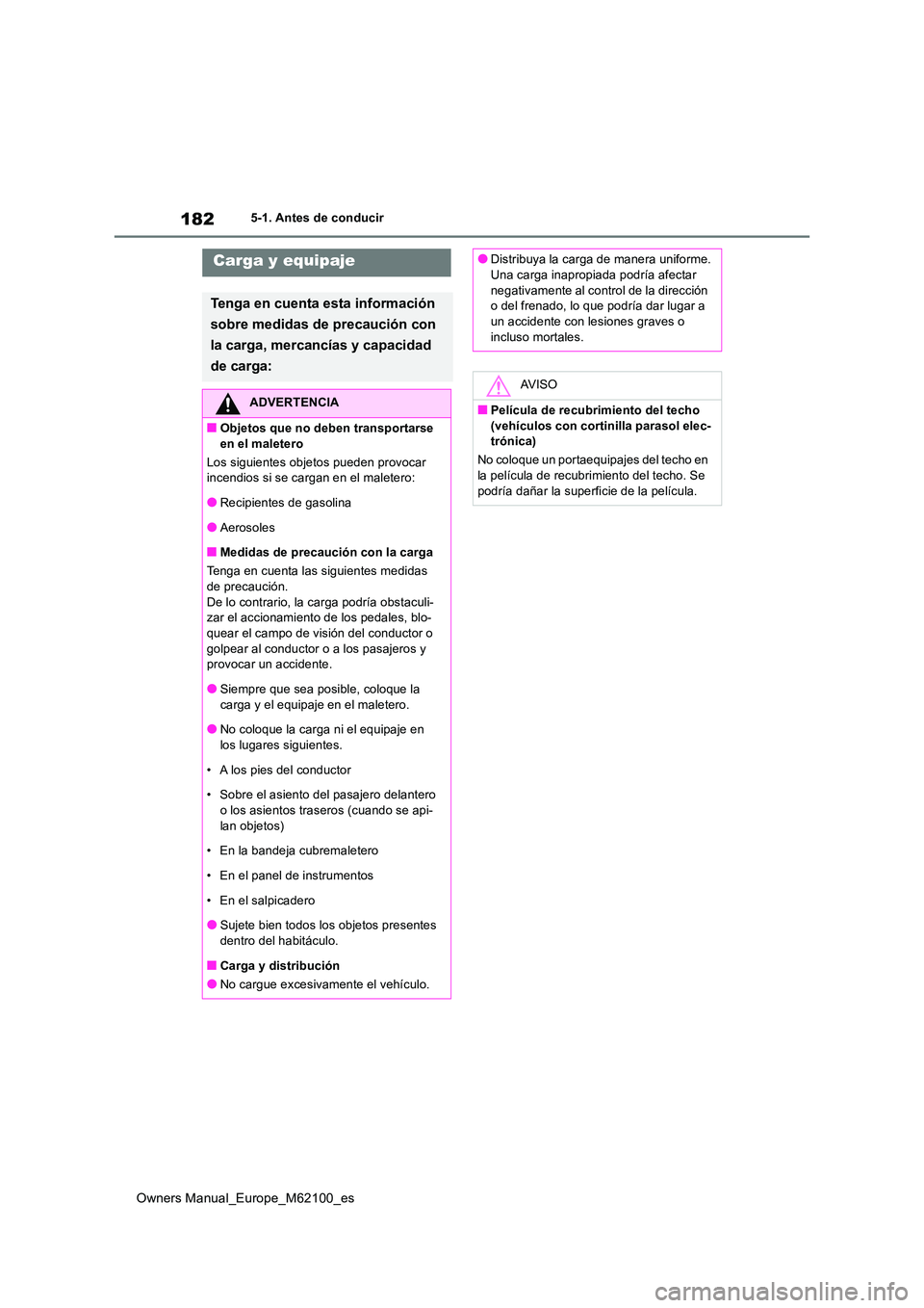 TOYOTA MIRAI 2021 Manual del propietario (in Spanish) 182
Owners Manual_Europe_M62100_es
5-1. Antes de conducir
Carga y equipaje
Tenga en cuenta esta información
sobre medidas de precaución con
la carga, mercancías y capacidad
de carga:
ADVERTEN TOYOTA MIRAI 2021 Manual del propietario (in Spanish) 182
Owners Manual_Europe_M62100_es
5-1. Antes de conducir
Carga y equipaje
Tenga en cuenta esta información
sobre medidas de precaución con
la carga, mercancías y capacidad
de carga:
ADVERTEN