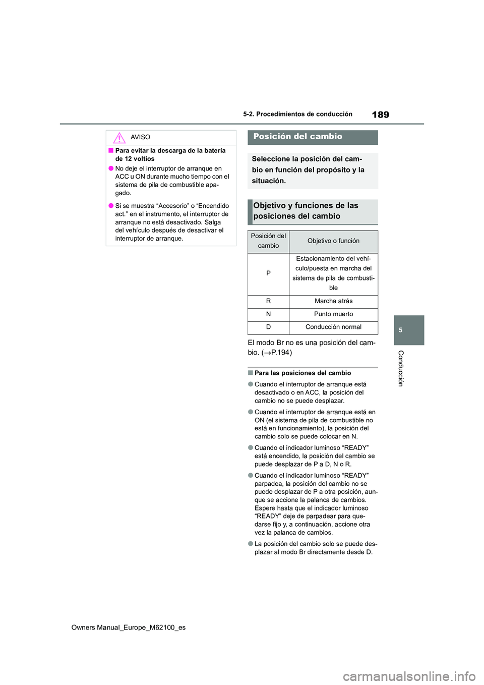 TOYOTA MIRAI 2021  Manual del propietario (in Spanish) 189
5
Owners Manual_Europe_M62100_es
5-2. Procedimientos de conducción
ConducciónEl modo Br no es una posición del cam- 
bio. ( P.194)
■Para las posiciones del cambio
●Cuando el interruptor 