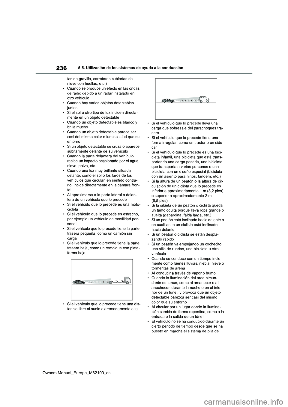 TOYOTA MIRAI 2021 Manual del propietario (in Spanish) 236
Owners Manual_Europe_M62100_es
5-5. Utilización de los sistemas de ayuda a la conducción
tas de gravilla, carreteras cubiertas de nieve con huellas, etc.)• Cuando se produce un efecto en las TOYOTA MIRAI 2021 Manual del propietario (in Spanish) 236
Owners Manual_Europe_M62100_es
5-5. Utilización de los sistemas de ayuda a la conducción
tas de gravilla, carreteras cubiertas de nieve con huellas, etc.)• Cuando se produce un efecto en las