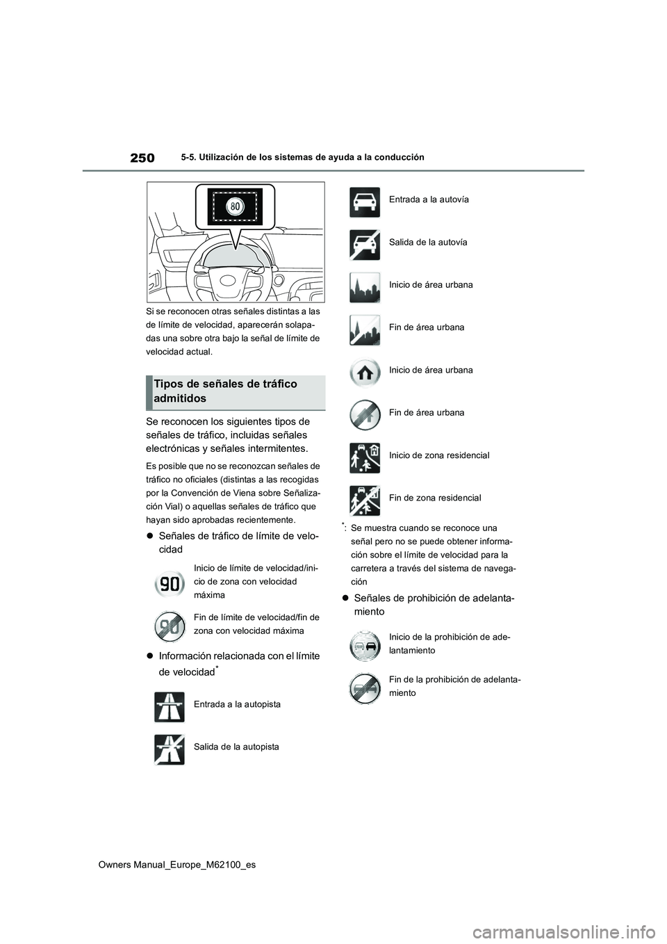 TOYOTA MIRAI 2021 Manual del propietario (in Spanish) 250
Owners Manual_Europe_M62100_es
5-5. Utilización de los sistemas de ayuda a la conducción
Si se reconocen otras señales distintas a las
de límite de velocidad, aparecerán solapa-
das una so TOYOTA MIRAI 2021 Manual del propietario (in Spanish) 250
Owners Manual_Europe_M62100_es
5-5. Utilización de los sistemas de ayuda a la conducción
Si se reconocen otras señales distintas a las
de límite de velocidad, aparecerán solapa-
das una so