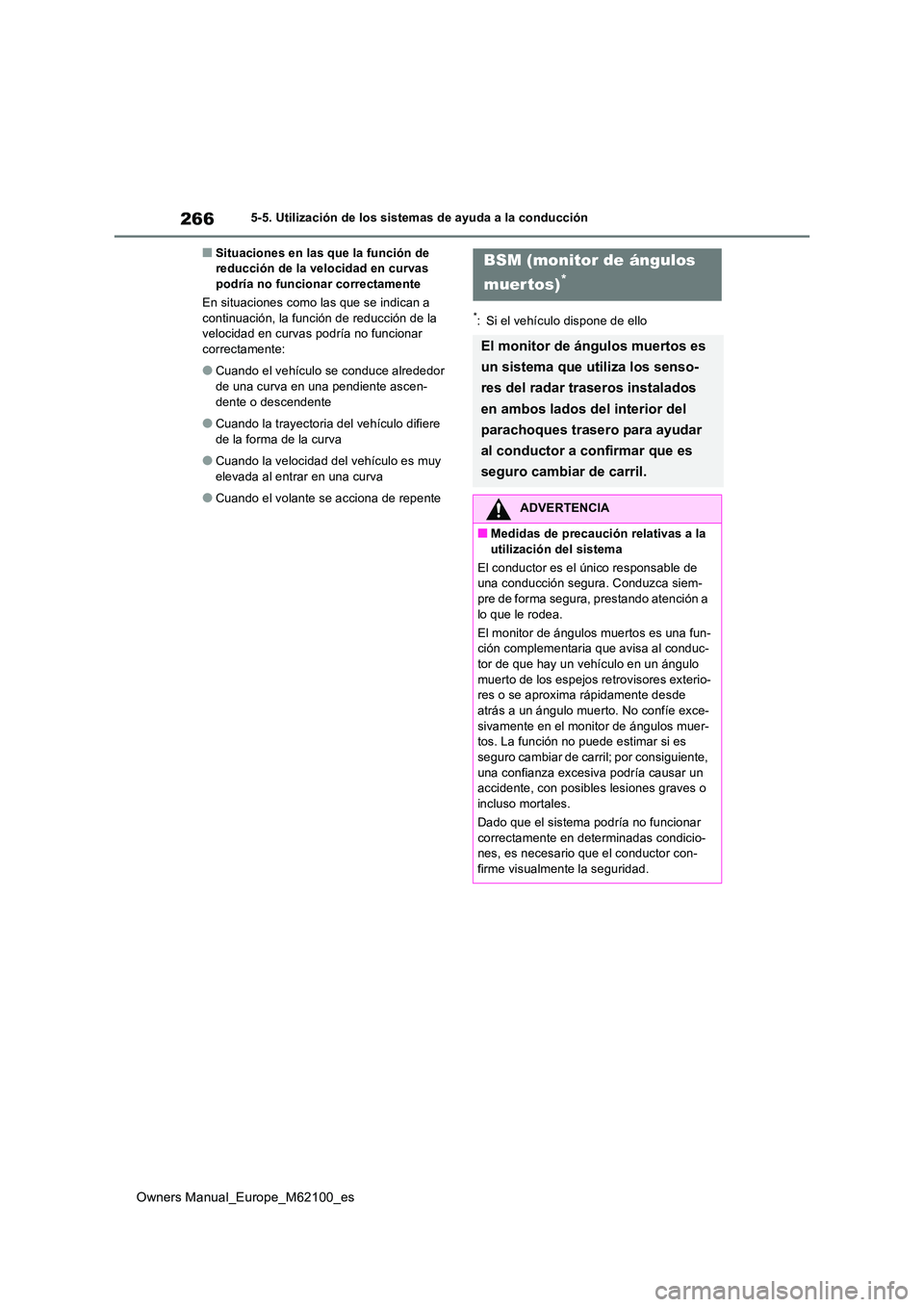 TOYOTA MIRAI 2021  Manual del propietario (in Spanish) 266
Owners Manual_Europe_M62100_es
5-5. Utilización de los sistemas de ayuda a la conducción
■Situaciones en las que la función de  reducción de la velocidad en curvas podría no funcionar corre