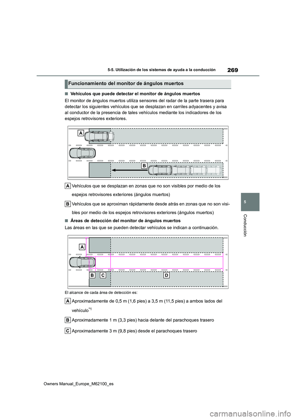 TOYOTA MIRAI 2021 Manual del propietario (in Spanish) 269
5
Owners Manual_Europe_M62100_es
5-5. Utilización de los sistemas de ayuda a la conducción
Conducción
■Vehículos que puede detectar el monitor de ángulos muertos
El monitor de ángulos mue TOYOTA MIRAI 2021 Manual del propietario (in Spanish) 269
5
Owners Manual_Europe_M62100_es
5-5. Utilización de los sistemas de ayuda a la conducción
Conducción
■Vehículos que puede detectar el monitor de ángulos muertos
El monitor de ángulos mue