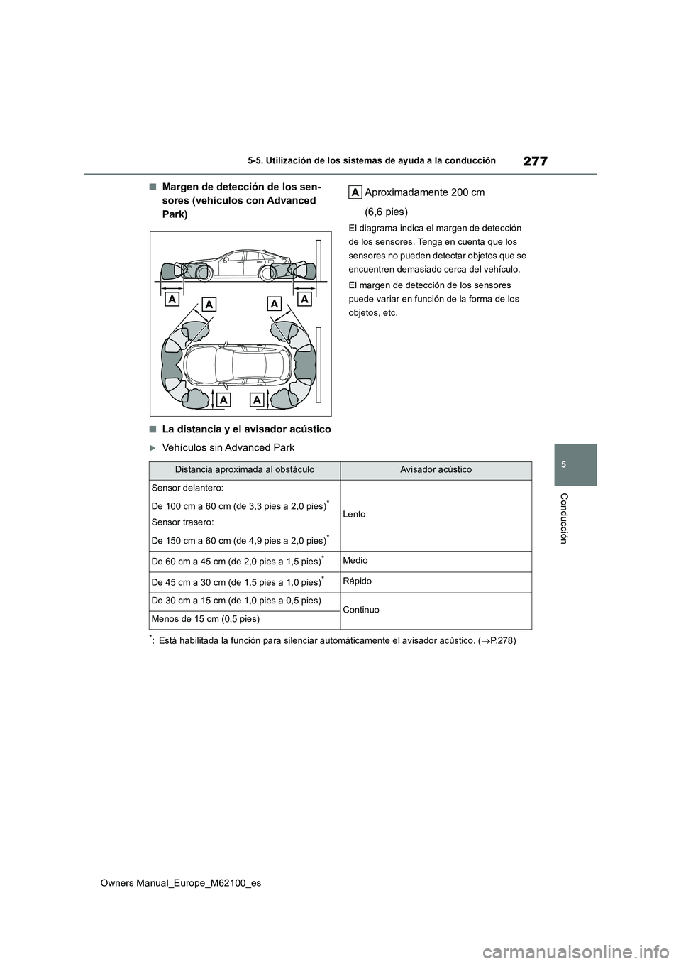 TOYOTA MIRAI 2021 Manual del propietario (in Spanish) 277
5
Owners Manual_Europe_M62100_es
5-5. Utilización de los sistemas de ayuda a la conducción
Conducción
■Margen de detección de los sen-
sores (vehículos con Advanced
Park)
Aproximadamente TOYOTA MIRAI 2021 Manual del propietario (in Spanish) 277
5
Owners Manual_Europe_M62100_es
5-5. Utilización de los sistemas de ayuda a la conducción
Conducción
■Margen de detección de los sen-
sores (vehículos con Advanced
Park)
Aproximadamente