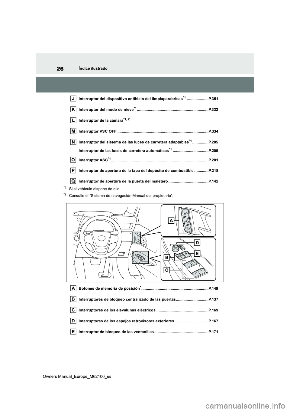 TOYOTA MIRAI 2021  Manual del propietario (in Spanish) 26
Owners Manual_Europe_M62100_es
Índice ilustrado 
Interruptor del dispositivo antihielo del limpiaparabrisas*1....................P.351 
Interruptor del modo de nieve*1.............................