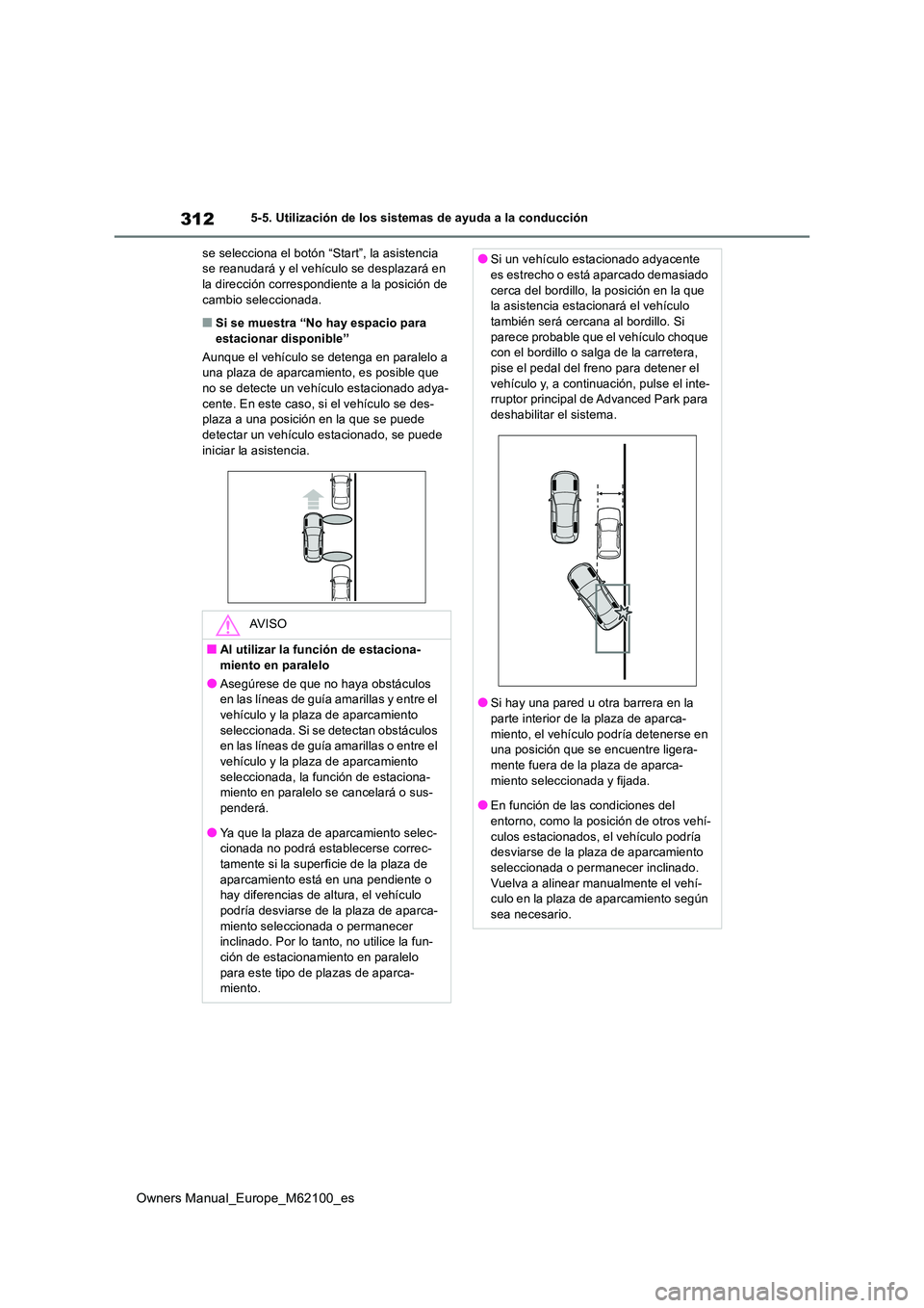TOYOTA MIRAI 2021 Manual del propietario (in Spanish) 312
Owners Manual_Europe_M62100_es
5-5. Utilización de los sistemas de ayuda a la conducción
se selecciona el botón “Start”, la asistencia se reanudará y el vehículo se desplazará en la di TOYOTA MIRAI 2021 Manual del propietario (in Spanish) 312
Owners Manual_Europe_M62100_es
5-5. Utilización de los sistemas de ayuda a la conducción
se selecciona el botón “Start”, la asistencia se reanudará y el vehículo se desplazará en la di