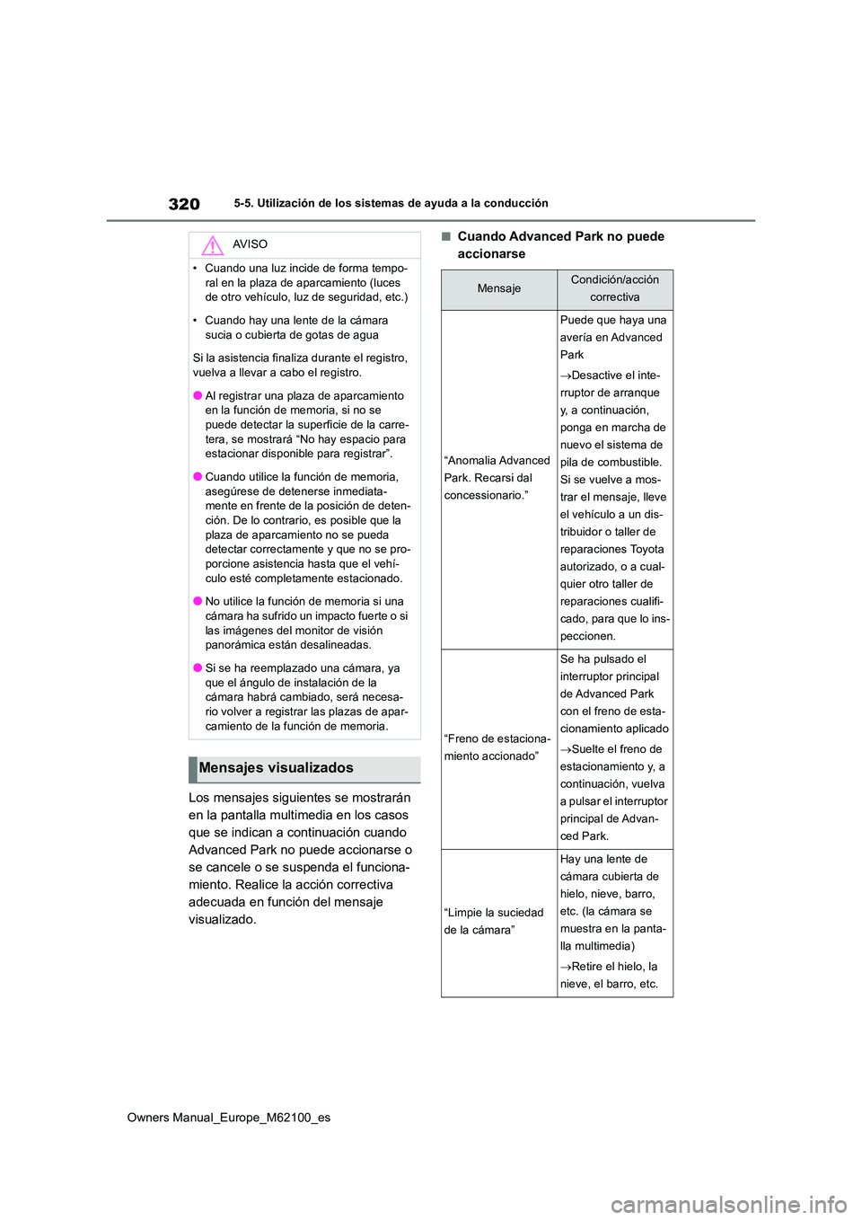 TOYOTA MIRAI 2021  Manual del propietario (in Spanish) 320
Owners Manual_Europe_M62100_es
5-5. Utilización de los sistemas de ayuda a la conducción
Los mensajes siguientes se mostrarán  
en la pantalla multimedia en los casos 
que se indican a continua