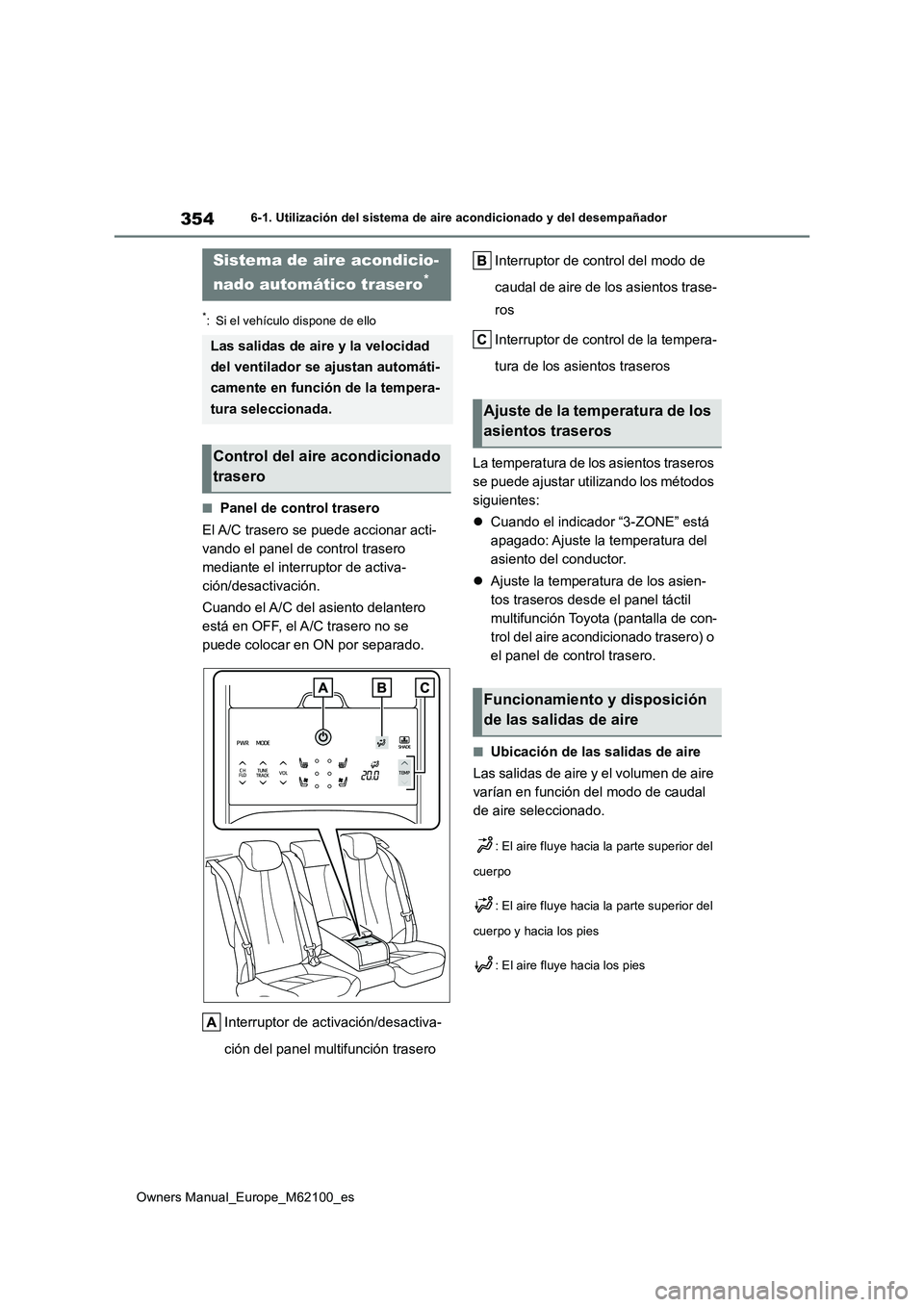 TOYOTA MIRAI 2021  Manual del propietario (in Spanish) 354
Owners Manual_Europe_M62100_es
6-1. Utilización del sistema de aire acondicionado y del desempañador
*: Si el vehículo dispone de ello
■Panel de control trasero 
El A/C trasero se puede accio