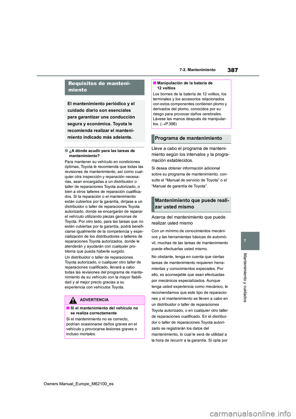 TOYOTA MIRAI 2021  Manual del propietario (in Spanish) 387
7
Owners Manual_Europe_M62100_es
7-2. Mantenimiento
Mantenimiento y cuidados
7-2.Mantenimien to
■¿A dónde acudir para las tareas de  
mantenimiento? 
Para mantener su vehículo en condiciones 