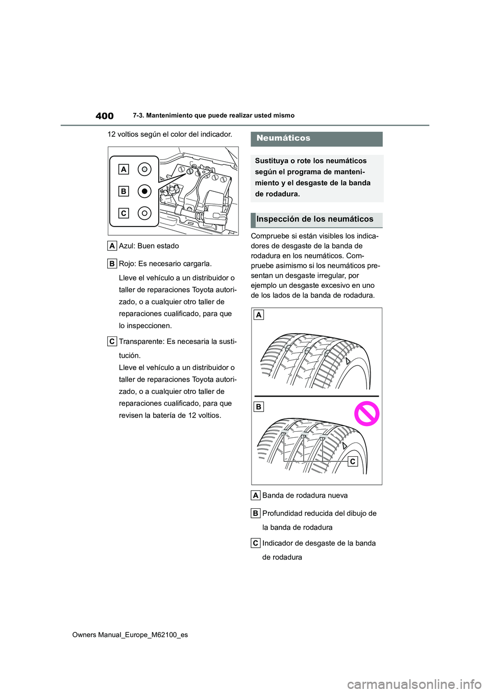 TOYOTA MIRAI 2021 Manual del propietario (in Spanish) 400
Owners Manual_Europe_M62100_es
7-3. Mantenimiento que puede realizar usted mismo
12 voltios según el color del indicador.
Azul: Buen estado
Rojo: Es necesario cargarla.
Lleve el vehículo a un TOYOTA MIRAI 2021 Manual del propietario (in Spanish) 400
Owners Manual_Europe_M62100_es
7-3. Mantenimiento que puede realizar usted mismo
12 voltios según el color del indicador.
Azul: Buen estado
Rojo: Es necesario cargarla.
Lleve el vehículo a un