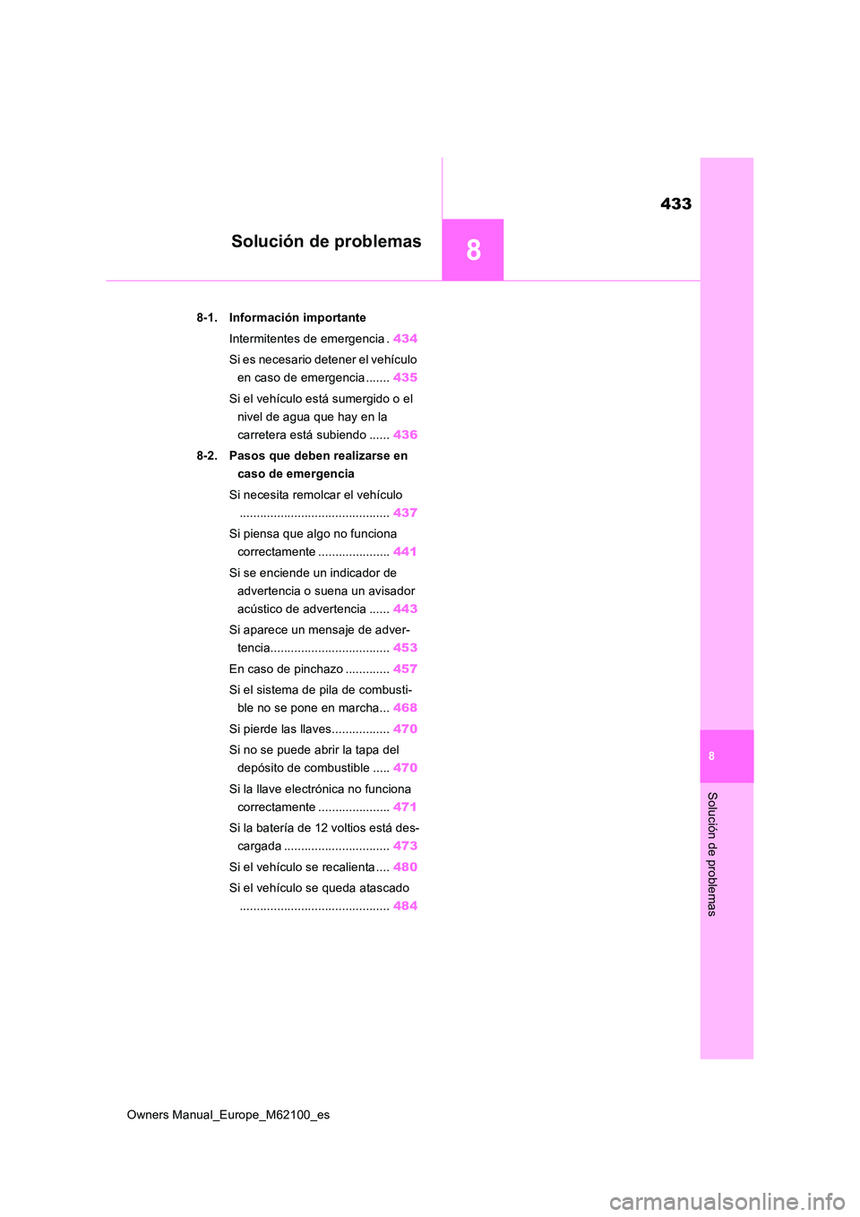 TOYOTA MIRAI 2021 Manual del propietario (in Spanish) 8
433
Owners Manual_Europe_M62100_es
8
Solución de problemas
Solución de problemas
8-1. Información importante
Intermitentes de emergencia . 434
Si es necesario detener el vehículo
en caso de TOYOTA MIRAI 2021 Manual del propietario (in Spanish) 8
433
Owners Manual_Europe_M62100_es
8
Solución de problemas
Solución de problemas
8-1. Información importante
Intermitentes de emergencia . 434
Si es necesario detener el vehículo
en caso de