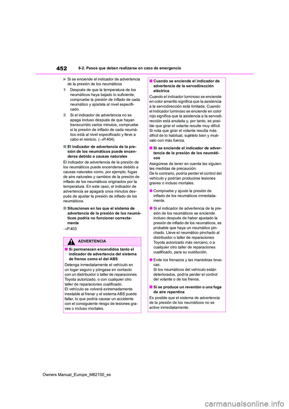 TOYOTA MIRAI 2021 Manual del propietario (in Spanish) 452
Owners Manual_Europe_M62100_es
8-2. Pasos que deben realizarse en caso de emergencia
Si se enciende el indicador de advertencia de la presión de los neumáticos
1 Después de que la temperat TOYOTA MIRAI 2021 Manual del propietario (in Spanish) 452
Owners Manual_Europe_M62100_es
8-2. Pasos que deben realizarse en caso de emergencia
Si se enciende el indicador de advertencia de la presión de los neumáticos
1 Después de que la temperat