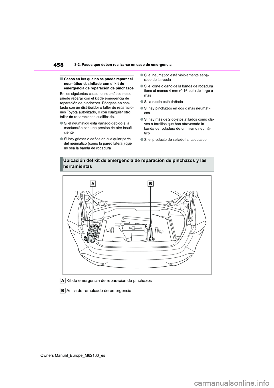 TOYOTA MIRAI 2021 Manual del propietario (in Spanish) 458
Owners Manual_Europe_M62100_es
8-2. Pasos que deben realizarse en caso de emergencia
■Casos en los que no se puede reparar el neumático desinflado con el kit de emergencia de reparación de pi TOYOTA MIRAI 2021 Manual del propietario (in Spanish) 458
Owners Manual_Europe_M62100_es
8-2. Pasos que deben realizarse en caso de emergencia
■Casos en los que no se puede reparar el neumático desinflado con el kit de emergencia de reparación de pi