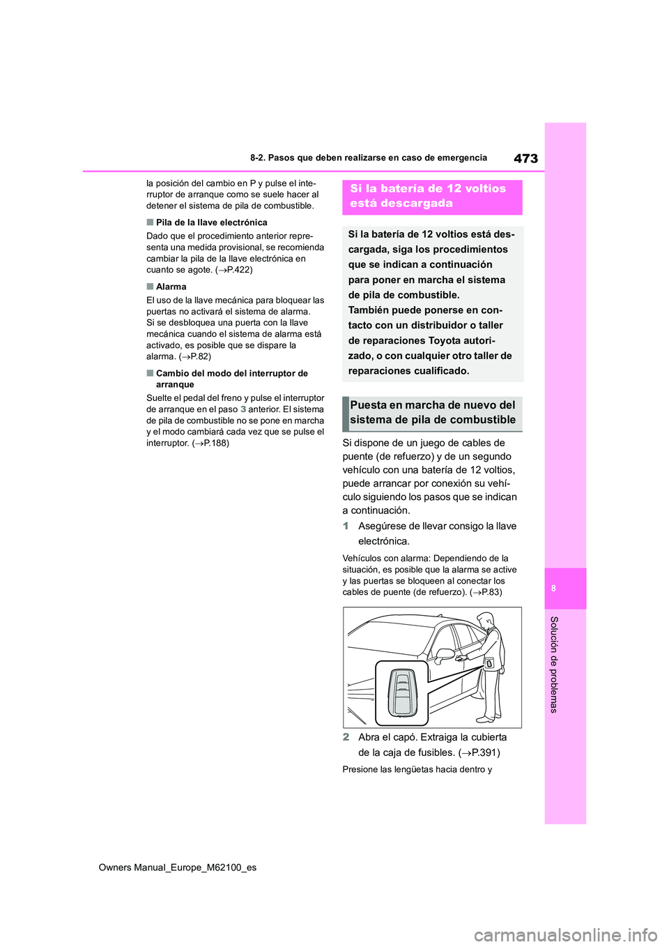 TOYOTA MIRAI 2021 Manual del propietario (in Spanish) 473
8
Owners Manual_Europe_M62100_es
8-2. Pasos que deben realizarse en caso de emergencia
Solución de problemas
la posición del cambio en P y pulse el inte- rruptor de arranque como se suele hacer TOYOTA MIRAI 2021 Manual del propietario (in Spanish) 473
8
Owners Manual_Europe_M62100_es
8-2. Pasos que deben realizarse en caso de emergencia
Solución de problemas
la posición del cambio en P y pulse el inte- rruptor de arranque como se suele hacer