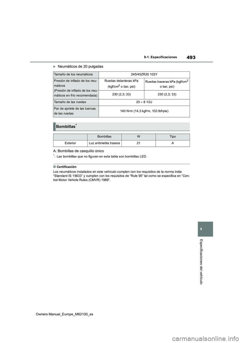 TOYOTA MIRAI 2021 Manual del propietario (in Spanish) 493
9
Owners Manual_Europe_M62100_es
9-1. Especificaciones
Especificaciones del vehículo
Neumáticos de 20 pulgadas
A: Bombillas de casquillo único
*: Las bombillas que no figuran en esta tabla TOYOTA MIRAI 2021 Manual del propietario (in Spanish) 493
9
Owners Manual_Europe_M62100_es
9-1. Especificaciones
Especificaciones del vehículo
Neumáticos de 20 pulgadas
A: Bombillas de casquillo único
*: Las bombillas que no figuran en esta tabla