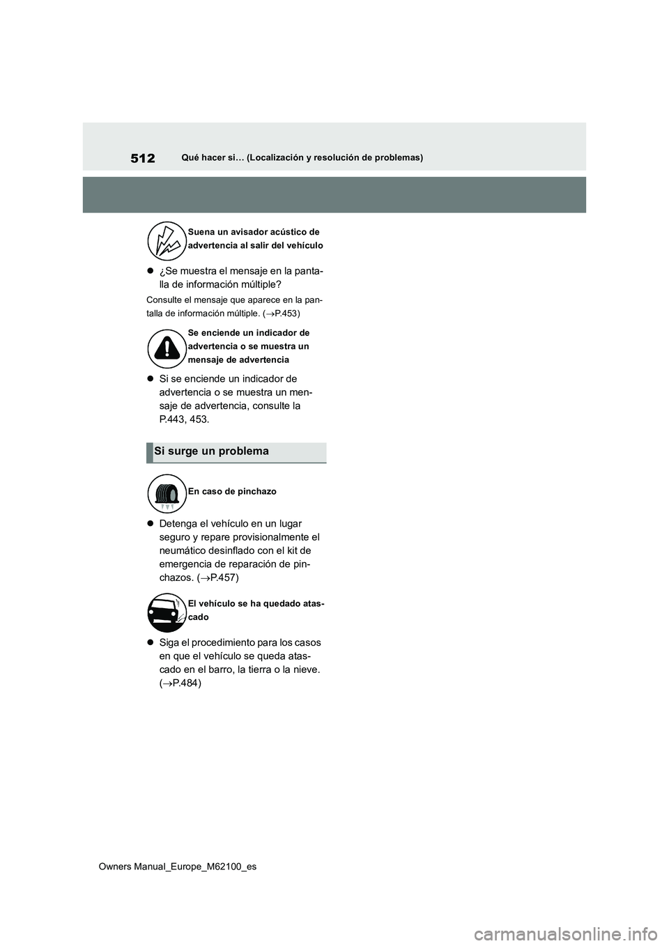 TOYOTA MIRAI 2021 Manual del propietario (in Spanish) 512
Owners Manual_Europe_M62100_es
Qué hacer si… (Localización y resolución de problemas)
¿Se muestra el mensaje en la panta-
lla de información múltiple?
Consulte el mensaje que aparece e TOYOTA MIRAI 2021 Manual del propietario (in Spanish) 512
Owners Manual_Europe_M62100_es
Qué hacer si… (Localización y resolución de problemas)
¿Se muestra el mensaje en la panta-
lla de información múltiple?
Consulte el mensaje que aparece e