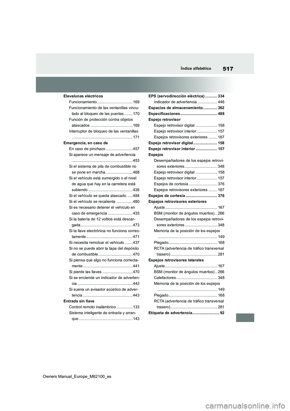 TOYOTA MIRAI 2021 Manual del propietario (in Spanish) 517
Owners Manual_Europe_M62100_es
Índice alfabético
Elevalunas eléctricos
Funcionamiento................................. 169
Funcionamiento de las ventanillas vincu-
lado al bloqueo de las puert TOYOTA MIRAI 2021 Manual del propietario (in Spanish) 517
Owners Manual_Europe_M62100_es
Índice alfabético
Elevalunas eléctricos
Funcionamiento................................. 169
Funcionamiento de las ventanillas vincu-
lado al bloqueo de las puert