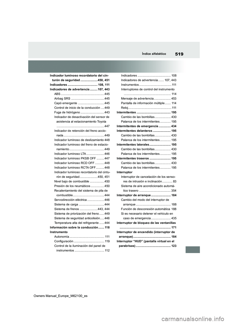 TOYOTA MIRAI 2021 Manual del propietario (in Spanish) 519
Owners Manual_Europe_M62100_es
Índice alfabético
Indicador luminoso recordatorio del cin-
turón de seguridad .................... 450, 451
Indicadores ................................... 108, TOYOTA MIRAI 2021 Manual del propietario (in Spanish) 519
Owners Manual_Europe_M62100_es
Índice alfabético
Indicador luminoso recordatorio del cin-
turón de seguridad .................... 450, 451
Indicadores ................................... 108,