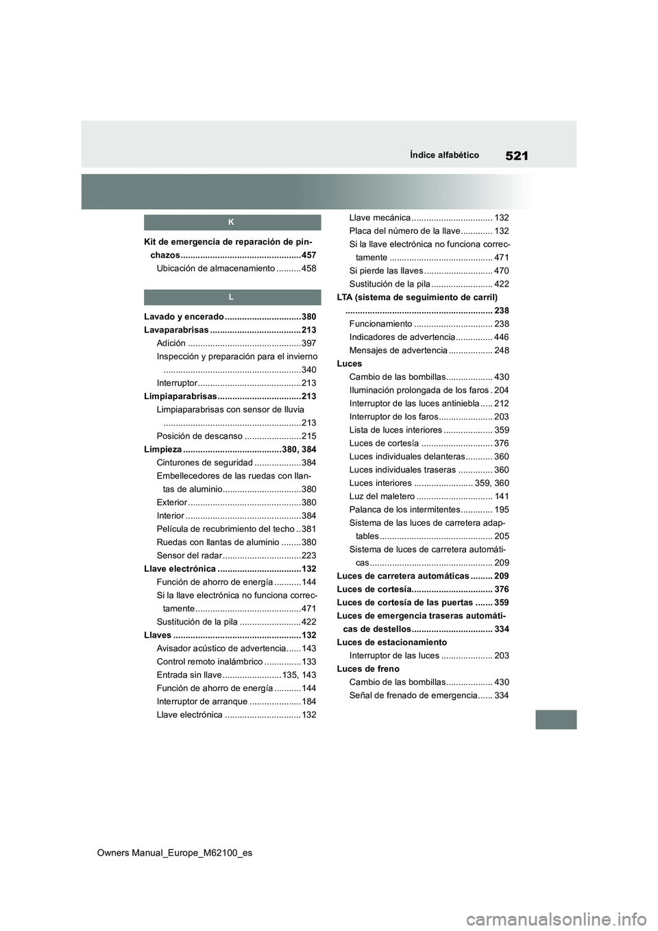 TOYOTA MIRAI 2021 Manual del propietario (in Spanish) 521
Owners Manual_Europe_M62100_es
Índice alfabético
K
Kit de emergencia de reparación de pin-
chazos................................................. 457
Ubicación de almacenamiento .......... 4 TOYOTA MIRAI 2021 Manual del propietario (in Spanish) 521
Owners Manual_Europe_M62100_es
Índice alfabético
K
Kit de emergencia de reparación de pin-
chazos................................................. 457
Ubicación de almacenamiento .......... 4