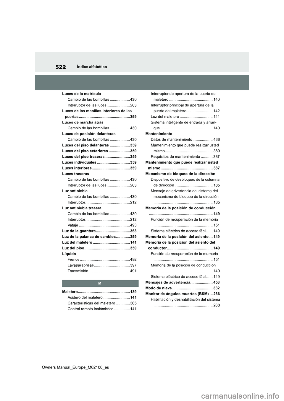 TOYOTA MIRAI 2021 Manual del propietario (in Spanish) 522
Owners Manual_Europe_M62100_es
Índice alfabético
Luces de la matrícula
Cambio de las bombillas ................... 430
Interruptor de las luces ...................... 203
Luces de las manilla TOYOTA MIRAI 2021 Manual del propietario (in Spanish) 522
Owners Manual_Europe_M62100_es
Índice alfabético
Luces de la matrícula
Cambio de las bombillas ................... 430
Interruptor de las luces ...................... 203
Luces de las manilla