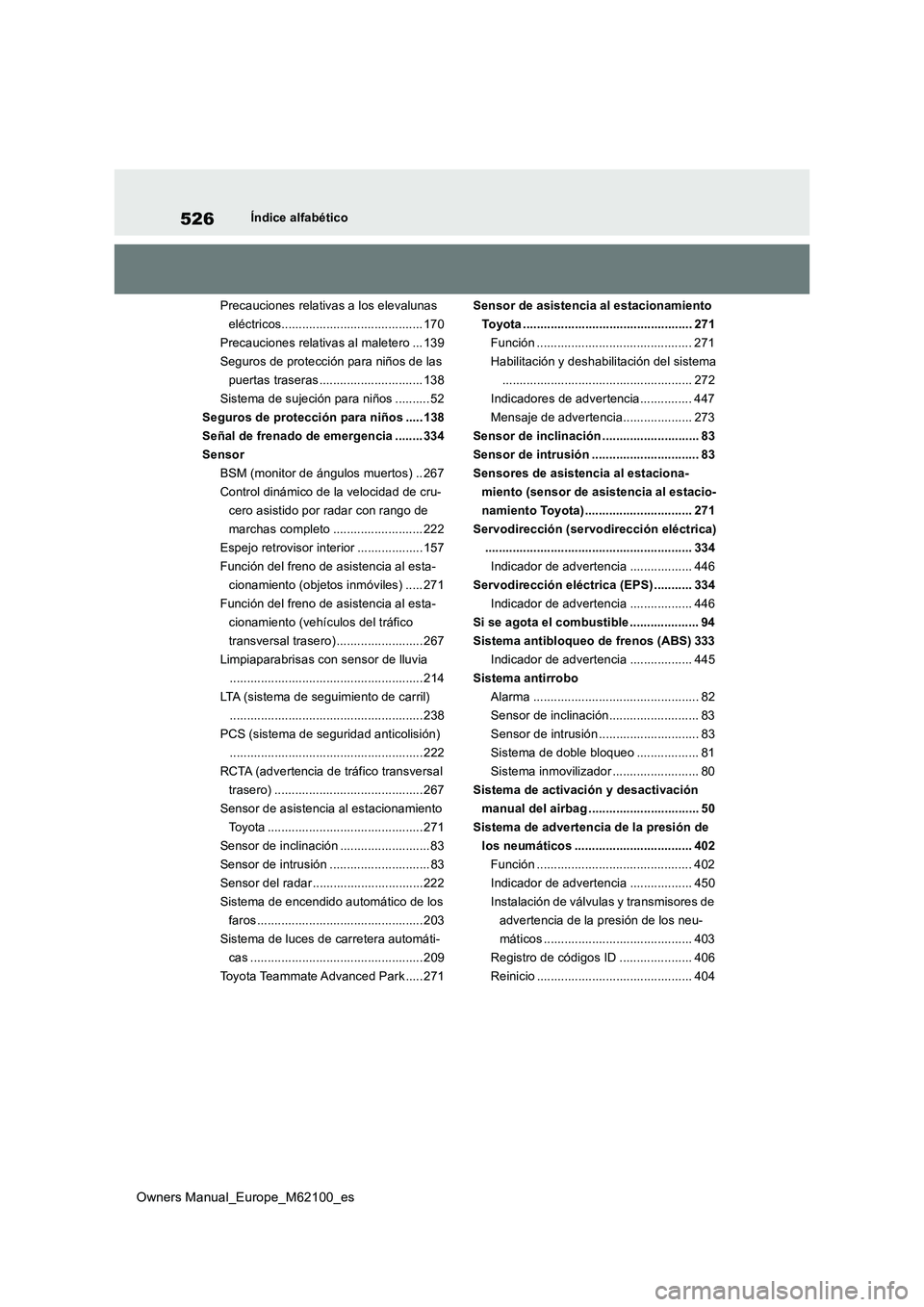 TOYOTA MIRAI 2021 Manual del propietario (in Spanish) 526
Owners Manual_Europe_M62100_es
Índice alfabético
Precauciones relativas a los elevalunas
eléctricos......................................... 170
Precauciones relativas al maletero ... 139
Se TOYOTA MIRAI 2021 Manual del propietario (in Spanish) 526
Owners Manual_Europe_M62100_es
Índice alfabético
Precauciones relativas a los elevalunas
eléctricos......................................... 170
Precauciones relativas al maletero ... 139
Se