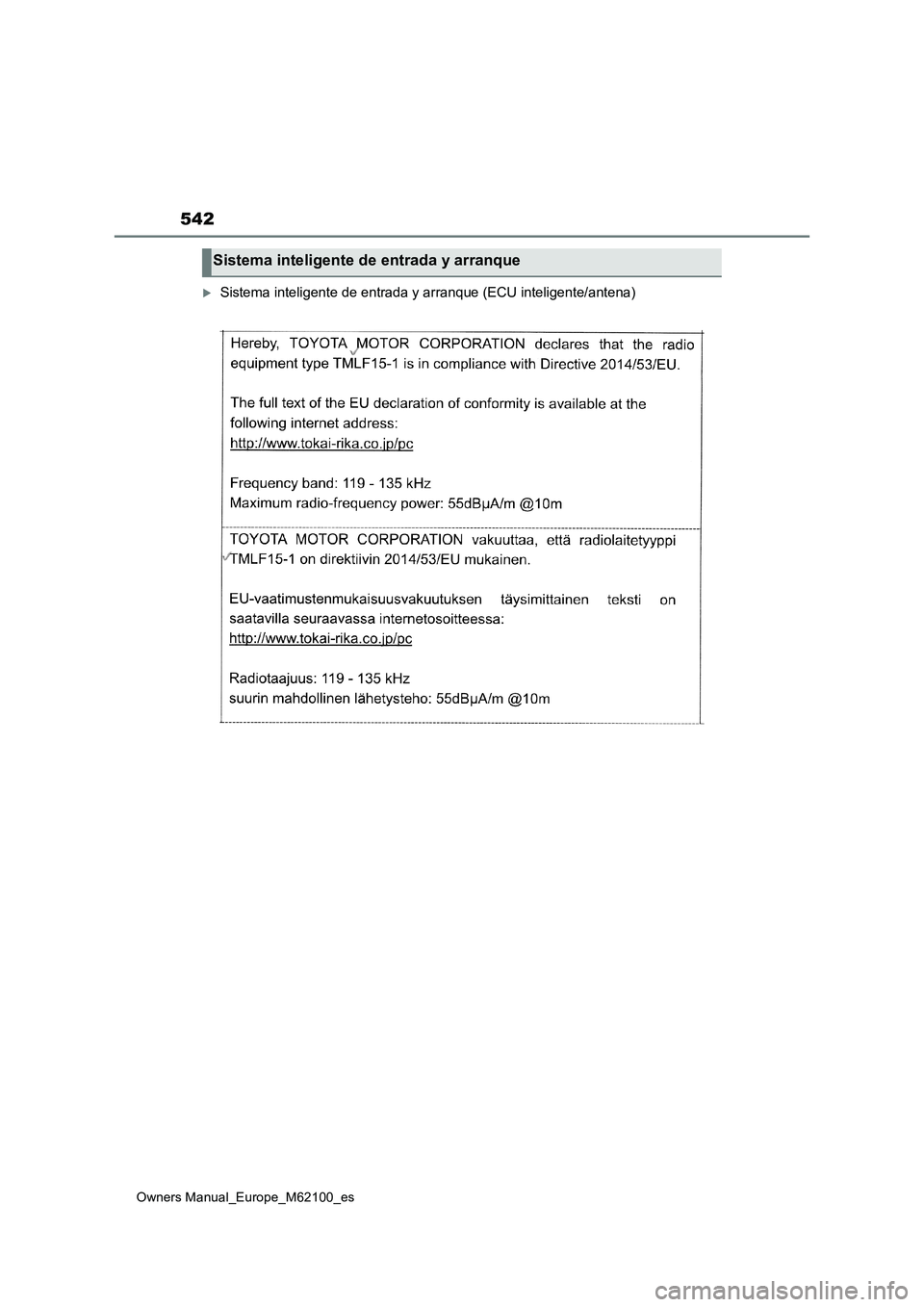TOYOTA MIRAI 2021 Manual del propietario (in Spanish) 542
Owners Manual_Europe_M62100_es
Sistema inteligente de entrada y arranque (ECU inteligente/antena)
Sistema inteligente de entrada y arranque TOYOTA MIRAI 2021 Manual del propietario (in Spanish) 542
Owners Manual_Europe_M62100_es
Sistema inteligente de entrada y arranque (ECU inteligente/antena)
Sistema inteligente de entrada y arranque