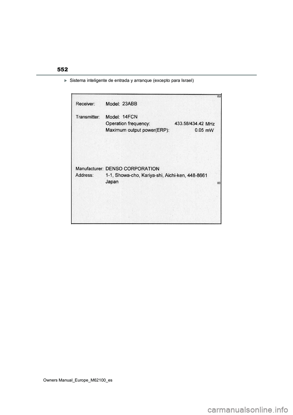 TOYOTA MIRAI 2021 Manual del propietario (in Spanish) 552
Owners Manual_Europe_M62100_es
Sistema inteligente de entrada y arranque (excepto para Israel) TOYOTA MIRAI 2021 Manual del propietario (in Spanish) 552
Owners Manual_Europe_M62100_es
Sistema inteligente de entrada y arranque (excepto para Israel)