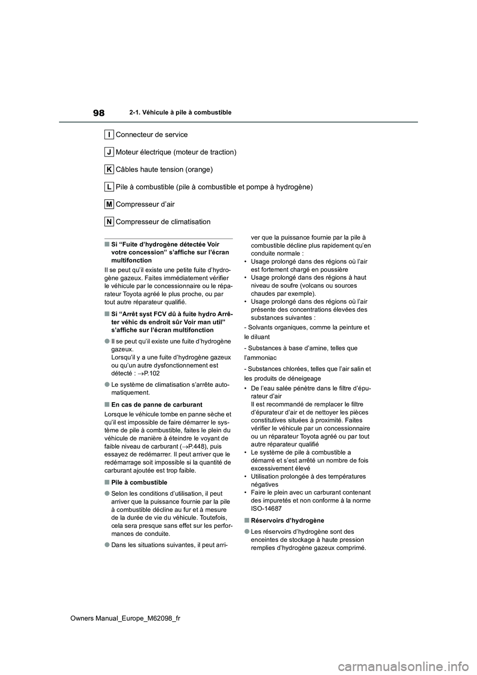 TOYOTA MIRAI 2021  Manuel du propriétaire (in French) 98
Owners Manual_Europe_M62098_fr
2-1. Véhicule à pile à combustible
Connecteur de service 
Moteur électrique (moteur de traction)
Câbles haute tension (orange)
Pile à combustible (pile à combu