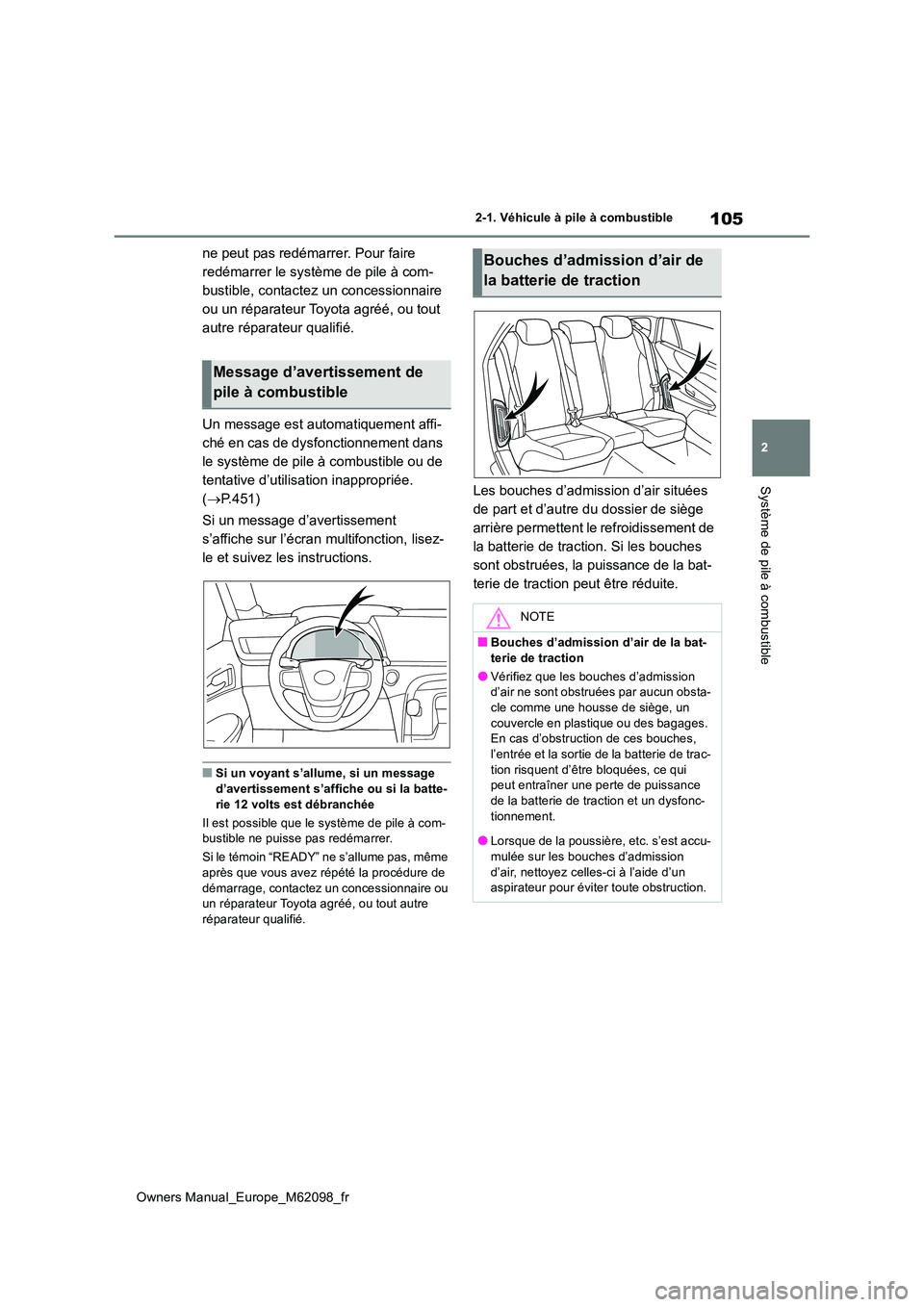 TOYOTA MIRAI 2021  Manuel du propriétaire (in French) 105
2
Owners Manual_Europe_M62098_fr
2-1. Véhicule à pile à combustible
Système de pile à combustible
ne peut pas redémarrer. Pour faire  
redémarrer le système de pile à com-
bustible, conta