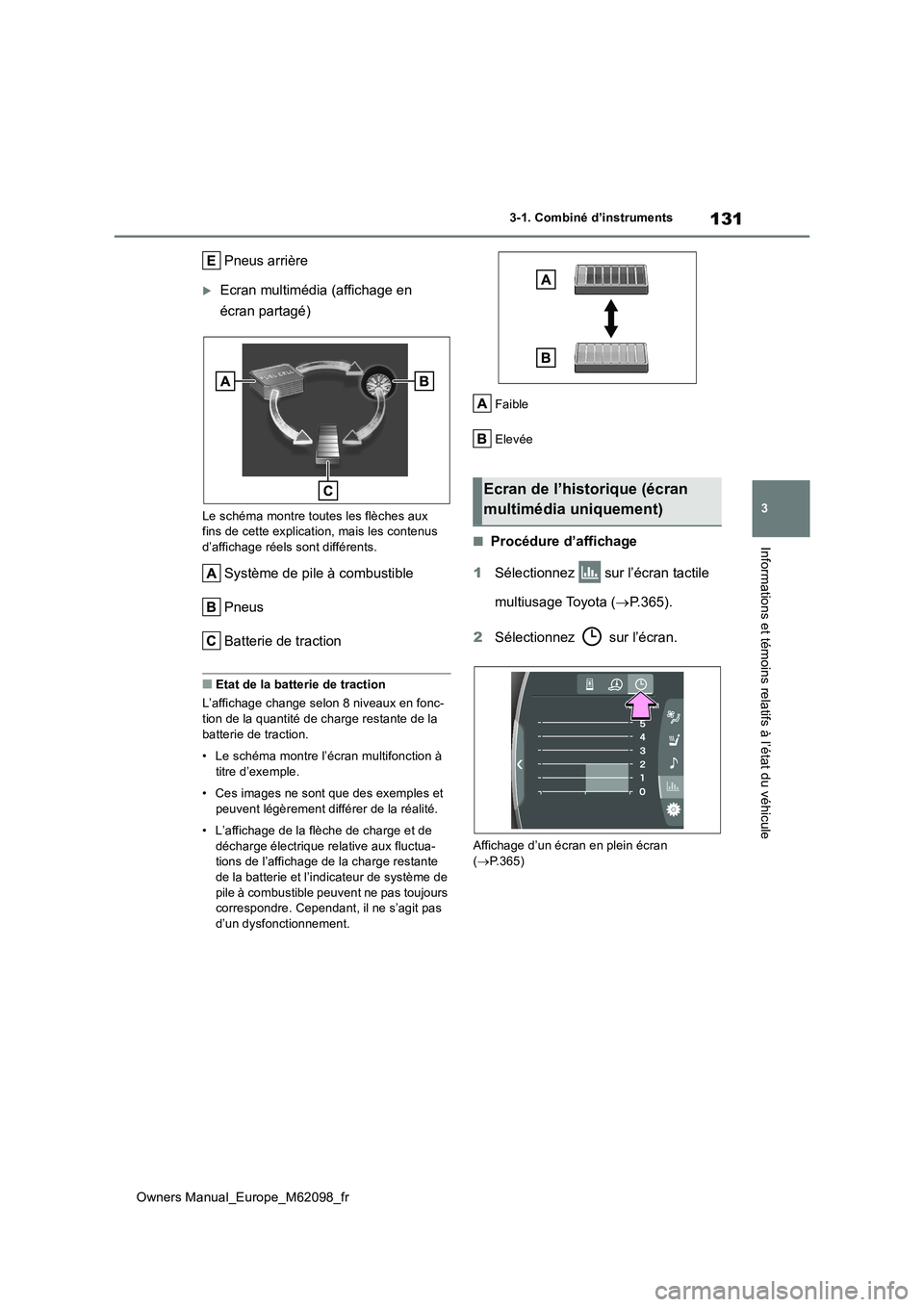 TOYOTA MIRAI 2021  Manuel du propriétaire (in French) 131
3
Owners Manual_Europe_M62098_fr
3-1. Combiné d’instruments
Informations et témoins relatifs à l’état du véhicule
Pneus arrière
Ecran multimédia (affichage en  
écran partagé)
Le s