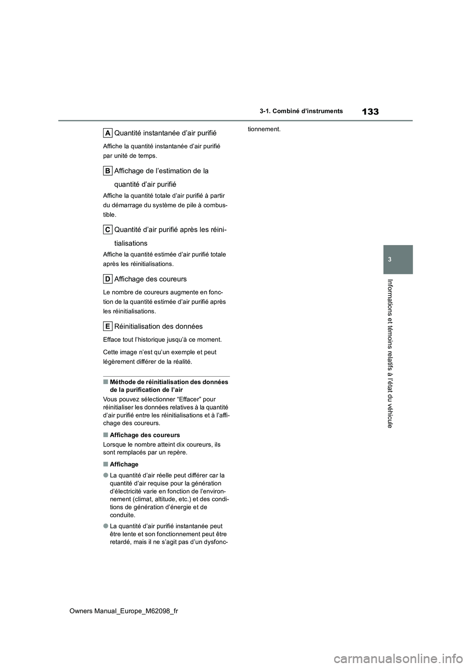 TOYOTA MIRAI 2021  Manuel du propriétaire (in French) 133
3
Owners Manual_Europe_M62098_fr
3-1. Combiné d’instruments
Informations et témoins relatifs à l’état du véhicule
Quantité instantanée d’air purifié
Affiche la quantité instantanée