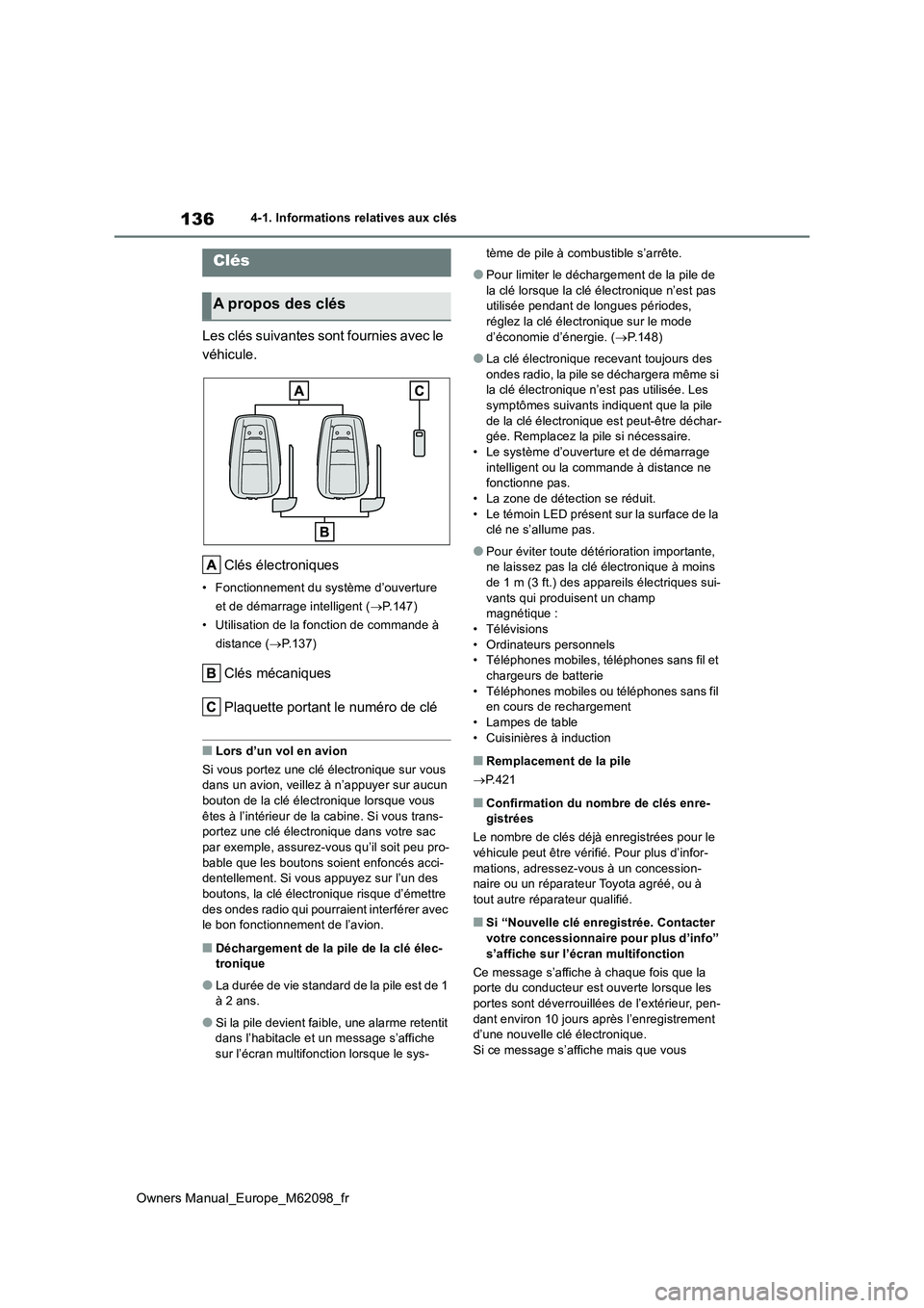 TOYOTA MIRAI 2021  Manuel du propriétaire (in French) 136
Owners Manual_Europe_M62098_fr
4-1. Informations relatives aux clés
4-1.Informations relatives aux clés
Les clés suivantes sont fournies avec le  
véhicule. 
Clés électroniques
• Fonctionn