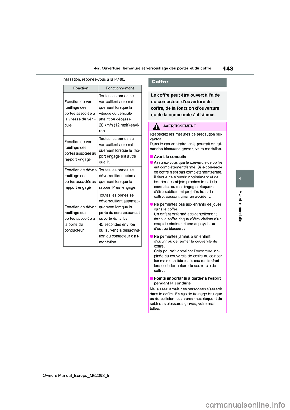 TOYOTA MIRAI 2021 Manuel du propriétaire (in French) 143
4
Owners Manual_Europe_M62098_fr
4-2. Ouverture, fermeture et verrouillage des portes et du coffre
Avant la conduite
nalisation, reportez-vous à la P.490.
FonctionFonctionnement
Fonction de ver- TOYOTA MIRAI 2021 Manuel du propriétaire (in French) 143
4
Owners Manual_Europe_M62098_fr
4-2. Ouverture, fermeture et verrouillage des portes et du coffre
Avant la conduite
nalisation, reportez-vous à la P.490.
FonctionFonctionnement
Fonction de ver-