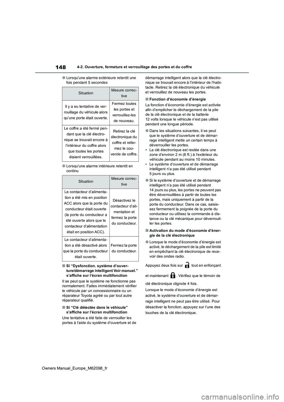 TOYOTA MIRAI 2021  Manuel du propriétaire (in French) 148
Owners Manual_Europe_M62098_fr
4-2. Ouverture, fermeture et verrouillage des portes et du coffre
●Lorsqu’une alarme extérieure retentit une  fois pendant 5 secondes
●Lorsqu’une alarme int