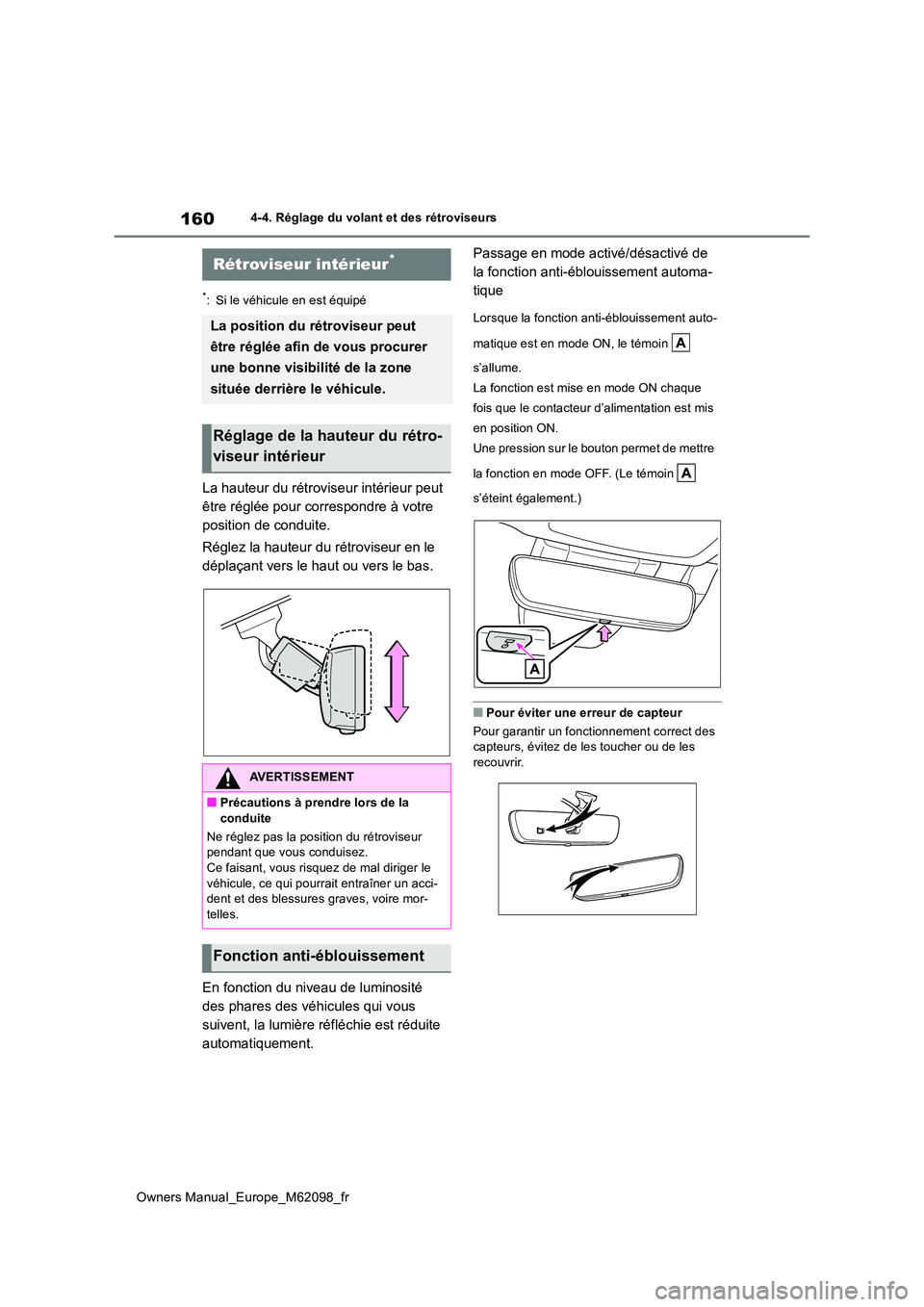 TOYOTA MIRAI 2021  Manuel du propriétaire (in French) 160
Owners Manual_Europe_M62098_fr
4-4. Réglage du volant et des rétroviseurs
*: Si le véhicule en est équipé
La hauteur du rétroviseur intérieur peut  
être réglée pour correspondre à votr