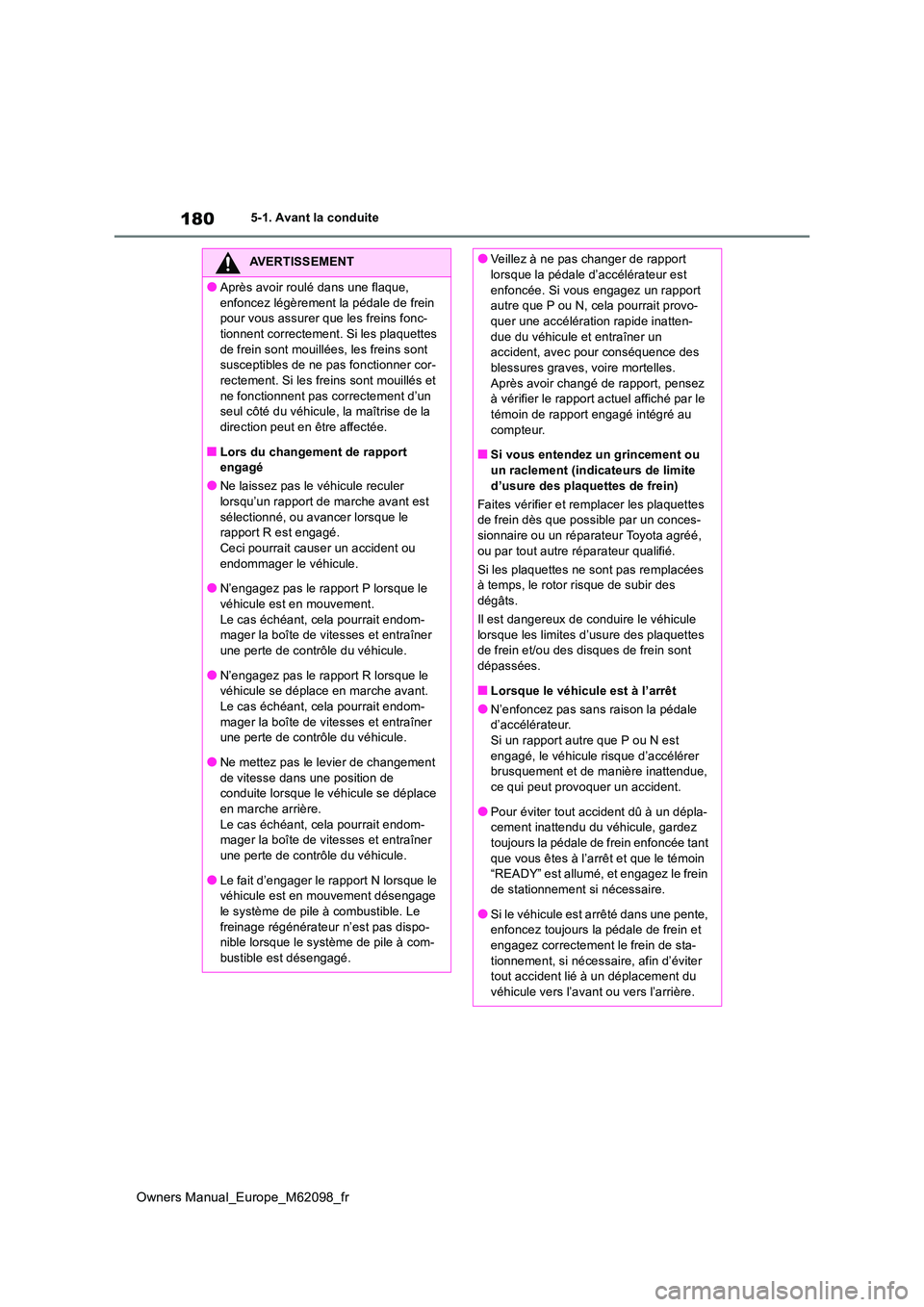 TOYOTA MIRAI 2021  Manuel du propriétaire (in French) 180
Owners Manual_Europe_M62098_fr
5-1. Avant la conduite
AVERTISSEMENT
●Après avoir roulé dans une flaque,  
enfoncez légèrement la pédale de frein  pour vous assurer que les freins fonc-tionn
