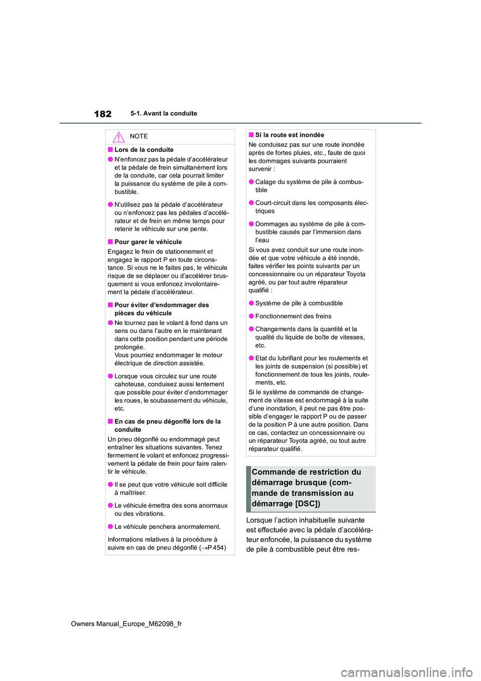 TOYOTA MIRAI 2021  Manuel du propriétaire (in French) 182
Owners Manual_Europe_M62098_fr
5-1. Avant la conduite
Lorsque l’action inhabituelle suivante  
est effectuée avec la pédale d’accéléra-
teur enfoncée, la puissance du système 
de pile à