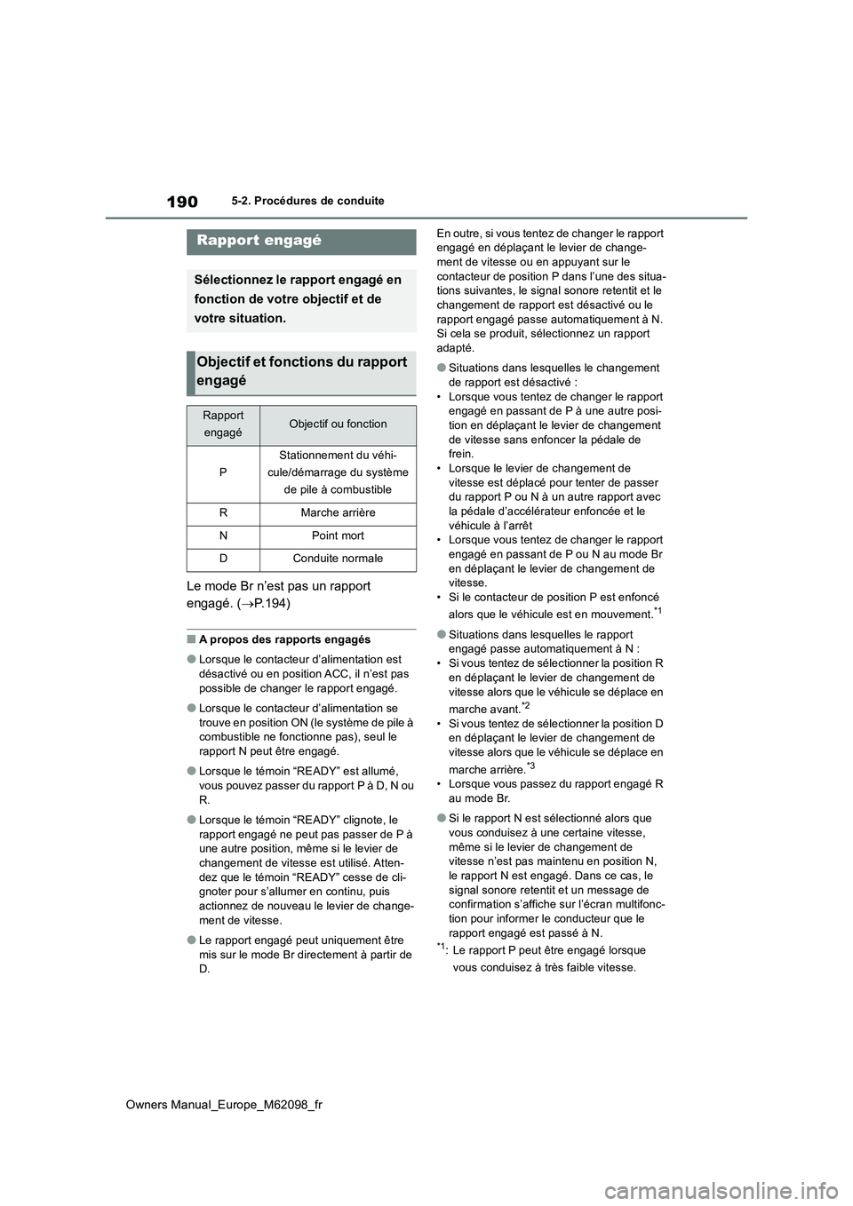 TOYOTA MIRAI 2021 Manuel du propriétaire (in French) 190
Owners Manual_Europe_M62098_fr
5-2. Procédures de conduite
Le mode Br n’est pas un rapport
engagé. ( P.194)
■A propos des rapports engagés
●Lorsque le contacteur d’alimentation est TOYOTA MIRAI 2021 Manuel du propriétaire (in French) 190
Owners Manual_Europe_M62098_fr
5-2. Procédures de conduite
Le mode Br n’est pas un rapport
engagé. ( P.194)
■A propos des rapports engagés
●Lorsque le contacteur d’alimentation est