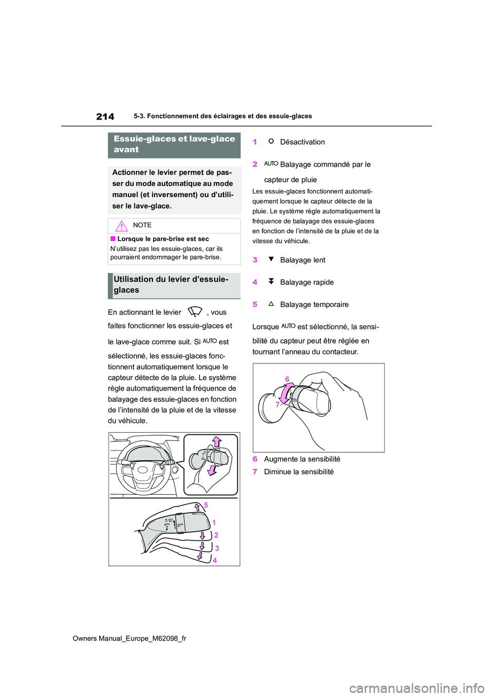 TOYOTA MIRAI 2021  Manuel du propriétaire (in French) 214
Owners Manual_Europe_M62098_fr
5-3. Fonctionnement des éclairages et des essuie-glaces
En actionnant le levier  , vous  
faites fonctionner les essuie-glaces et  
le lave-glace comme suit. Si   e