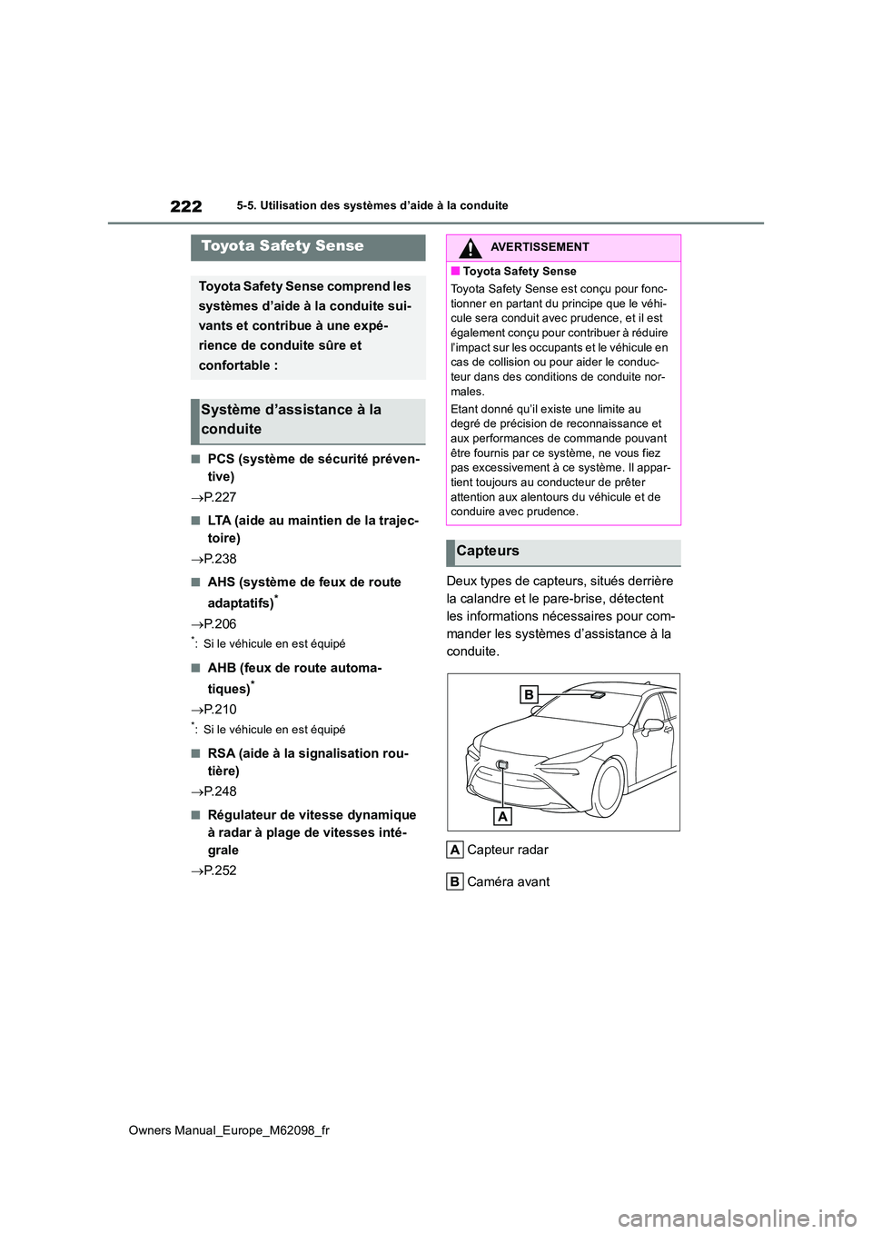TOYOTA MIRAI 2021  Manuel du propriétaire (in French) 222
Owners Manual_Europe_M62098_fr
5-5. Utilisation des systèmes d’aide à la conduite
5-5.Utilis ation des  s ystèmes d’aide à la con duite
■PCS (système de sécurité préven- 
tive) 
 