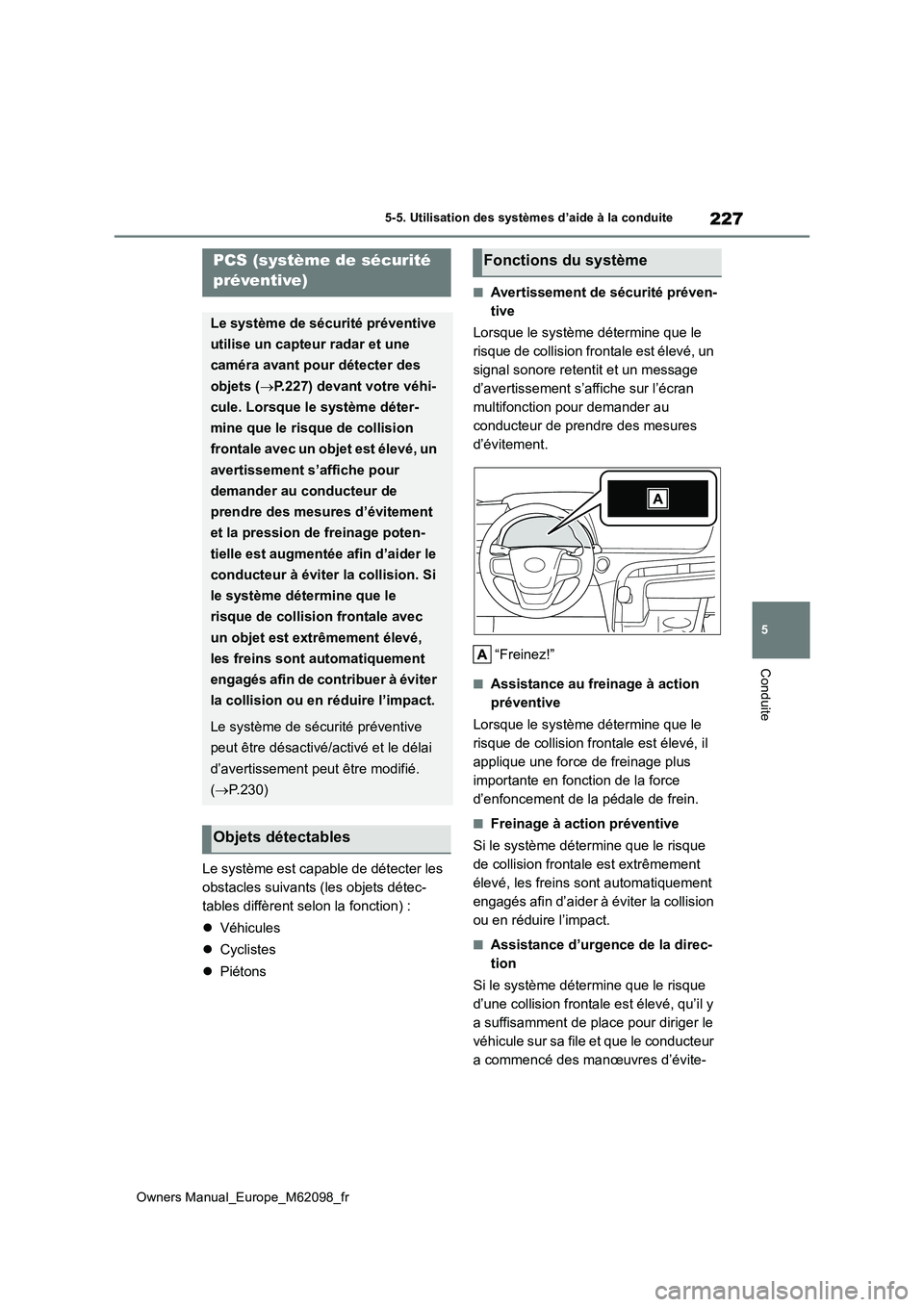 TOYOTA MIRAI 2021  Manuel du propriétaire (in French) 227
5
Owners Manual_Europe_M62098_fr
5-5. Utilisation des systèmes d’aide à la conduite
Conduite
Le système est capable de détecter les  
obstacles suivants (les objets détec-
tables diffèrent