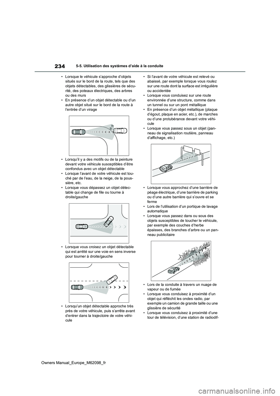 TOYOTA MIRAI 2021  Manuel du propriétaire (in French) 234
Owners Manual_Europe_M62098_fr
5-5. Utilisation des systèmes d’aide à la conduite 
• Lorsque le véhicule s’approche d’objets  situés sur le bord de la route, tels que des objets détec
